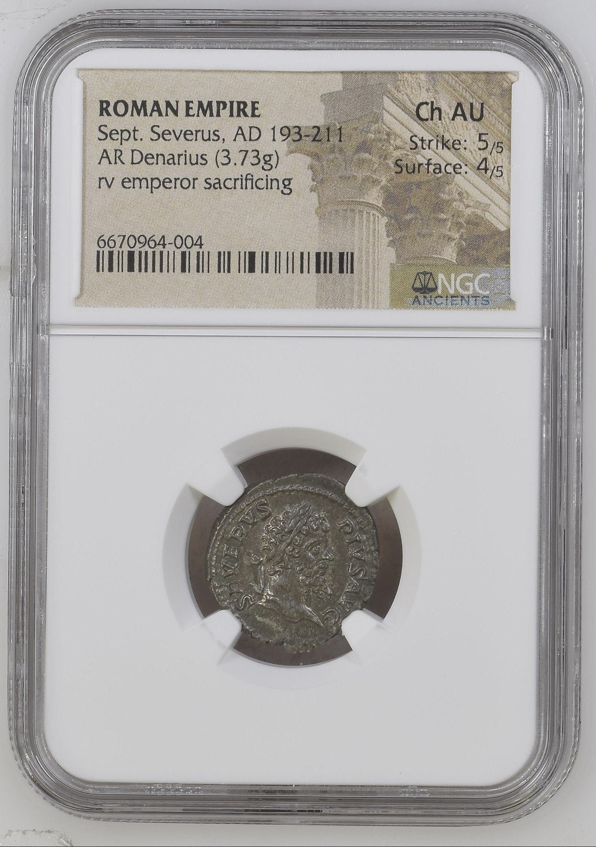 Roman Empire - Septimius Severus - Silver Denarius - NGC Ch AU - RIC:308
