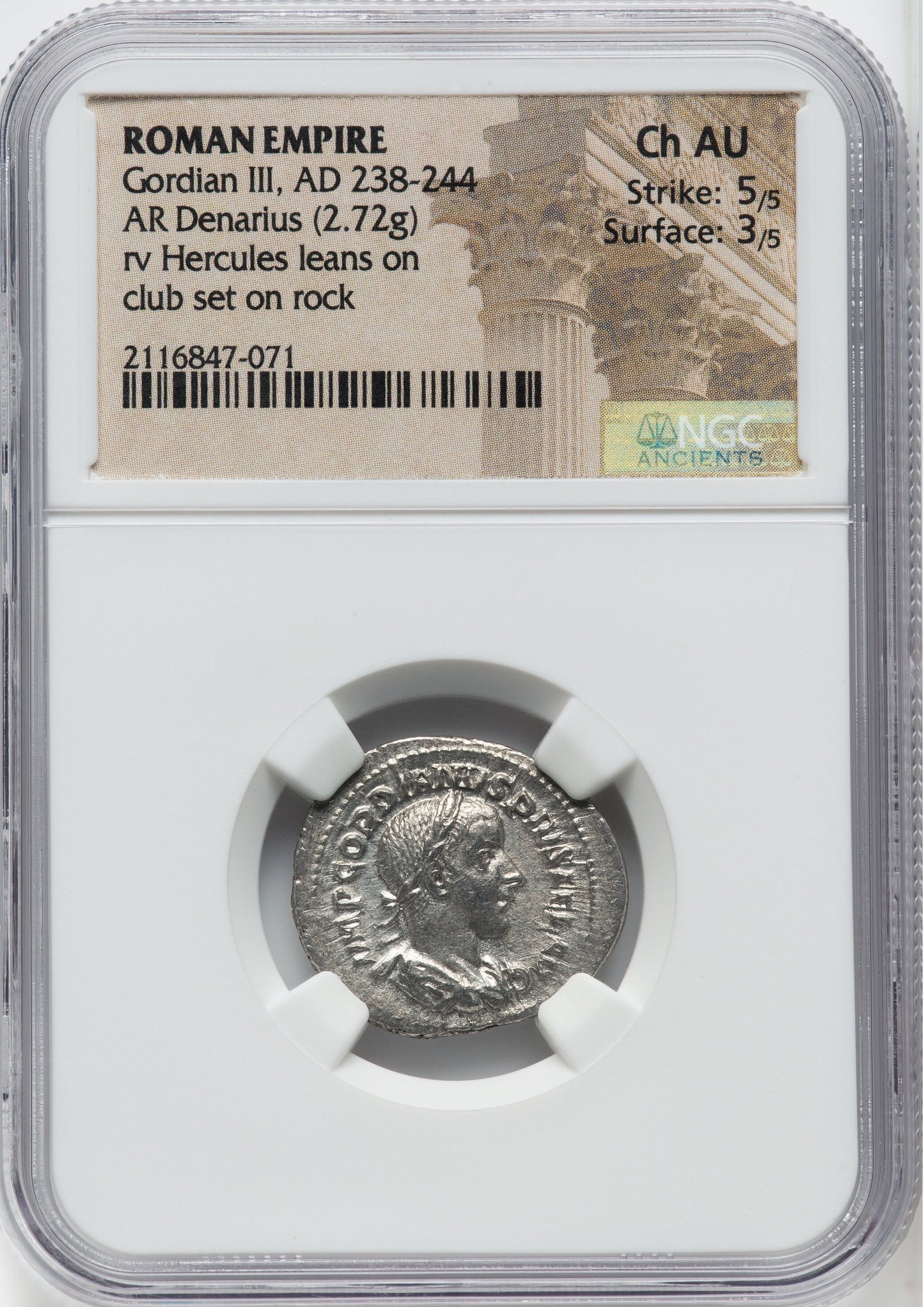 Roman Empire - Gordian III - Silver Denarius - NGC Ch AU - RIC:116