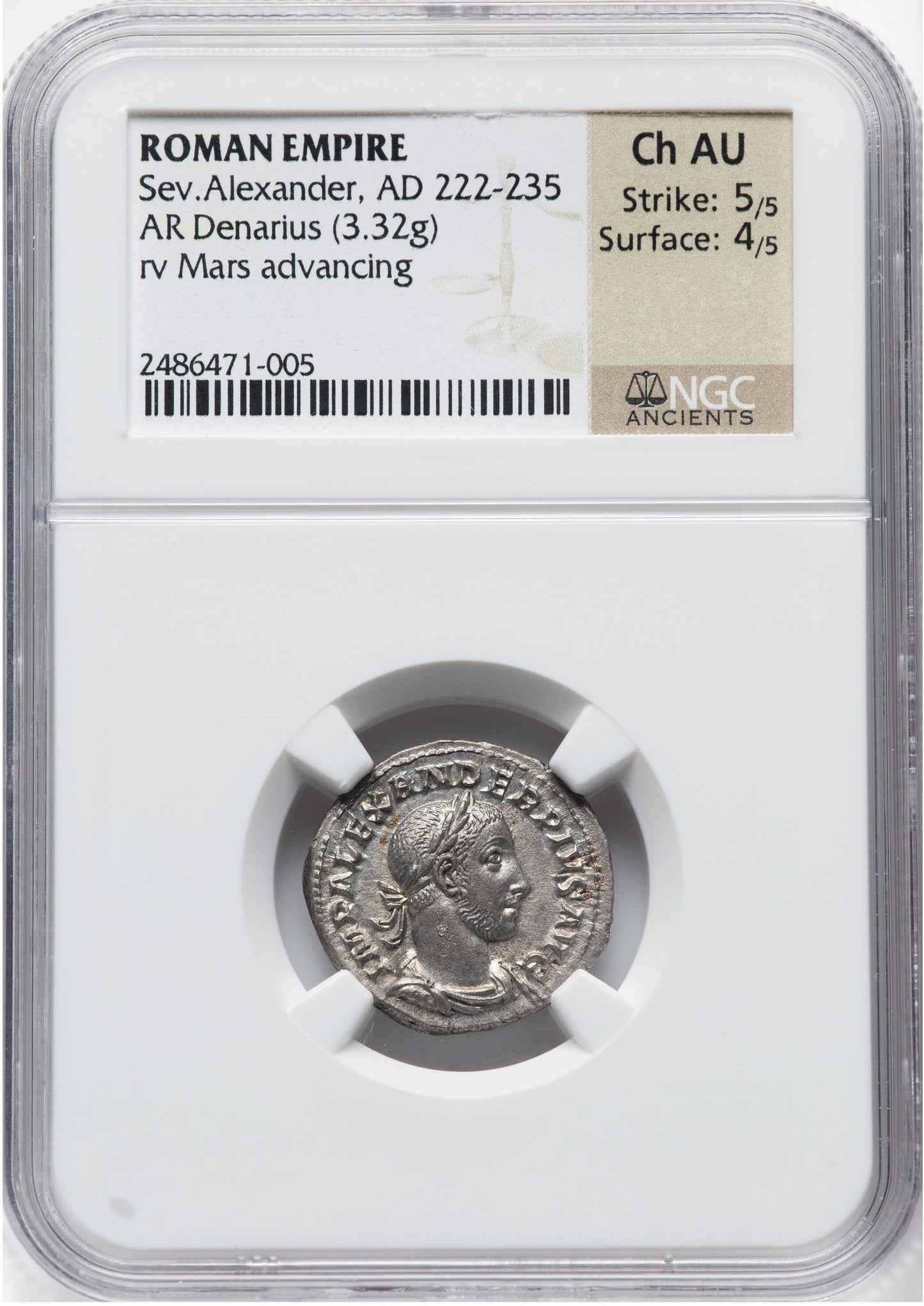 Roman Empire - Severus Alexander - Silver Denarius - NGC Ch AU - RIC:246