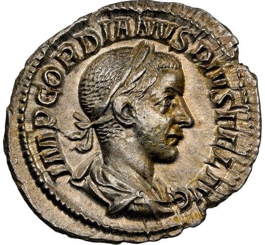 Roman Empire - Gordian III - Silver Denarius - NGC Ch AU - RIC:114