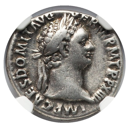 Roman Empire - Domitian - Silver Denarius - NGC Ch VF - RIC:766