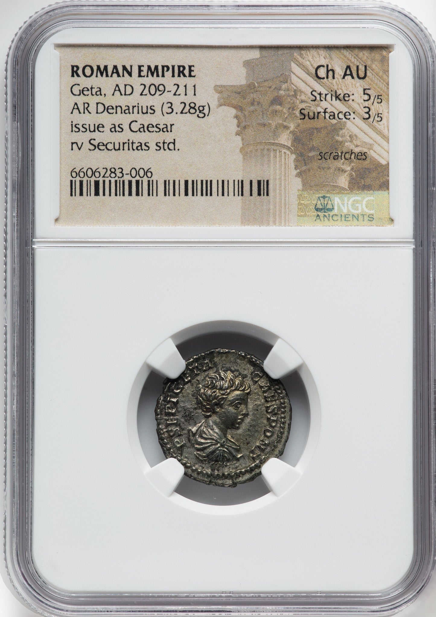 Roman Empire - Geta - Silver Denarius - NGC Ch AU - RIC:20b