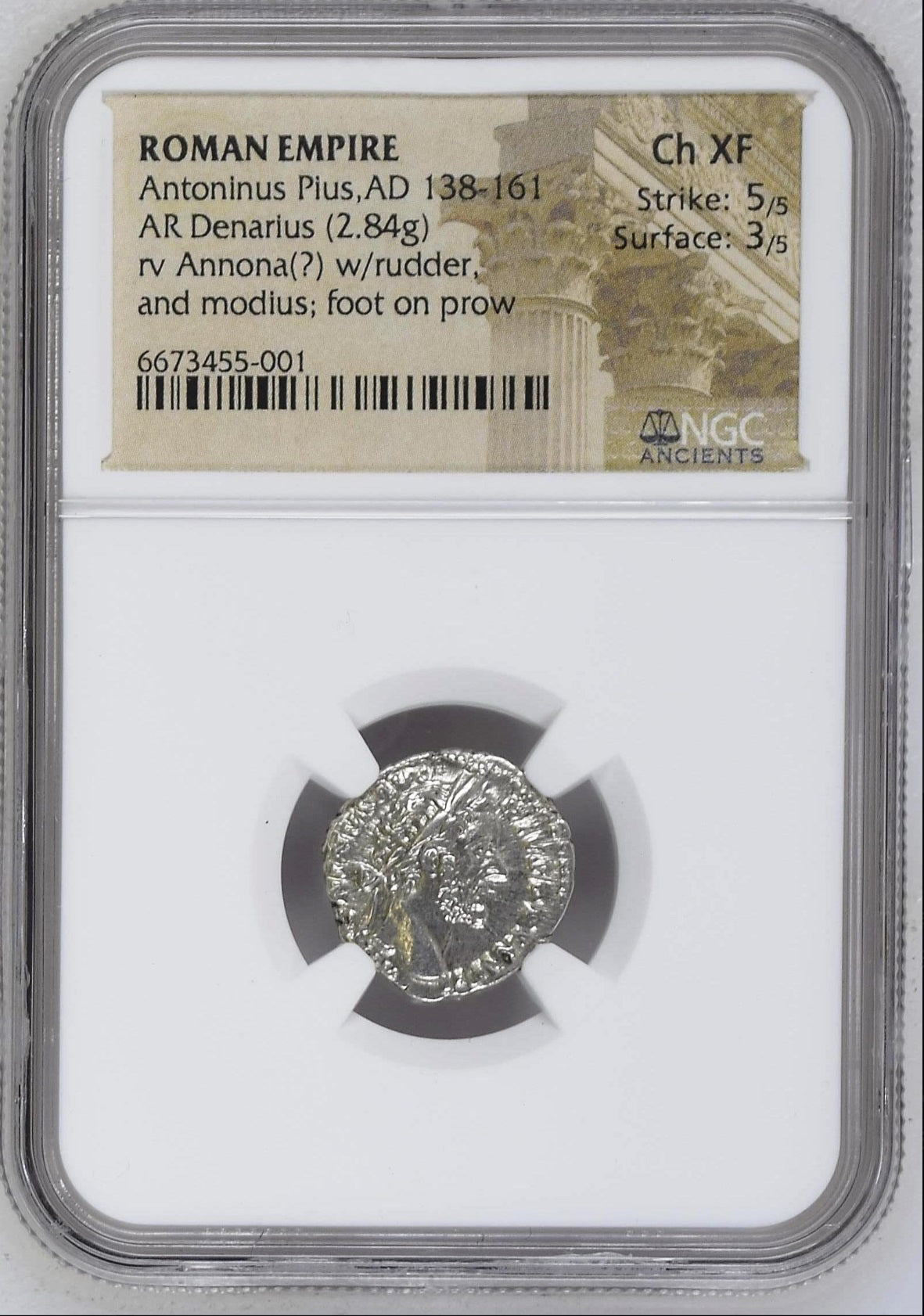 Roman Empire - Antoninus Pius - Silver Denarius - NGC Ch XF - Cohen:1016