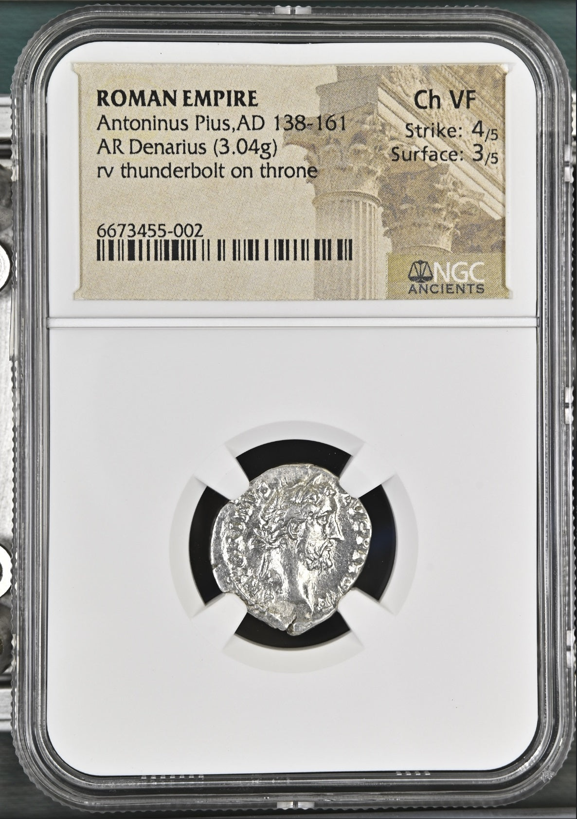 Roman Empire - Antoninus Pius - Silver Denarius - NGC Ch VF - Cohen:345