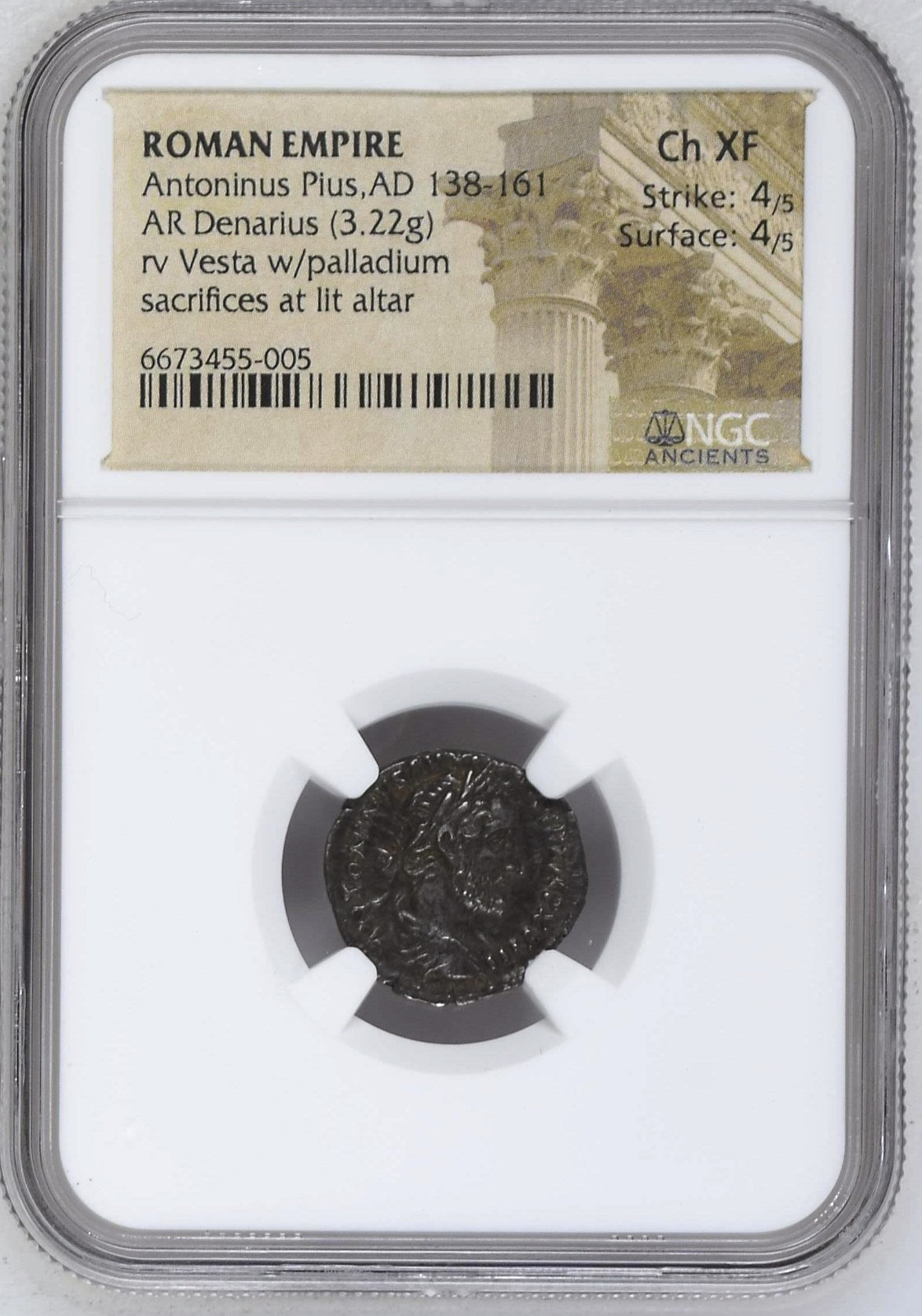 Roman Empire - Antoninus Pius - Silver Denarius - NGC Ch XF - RIC:238