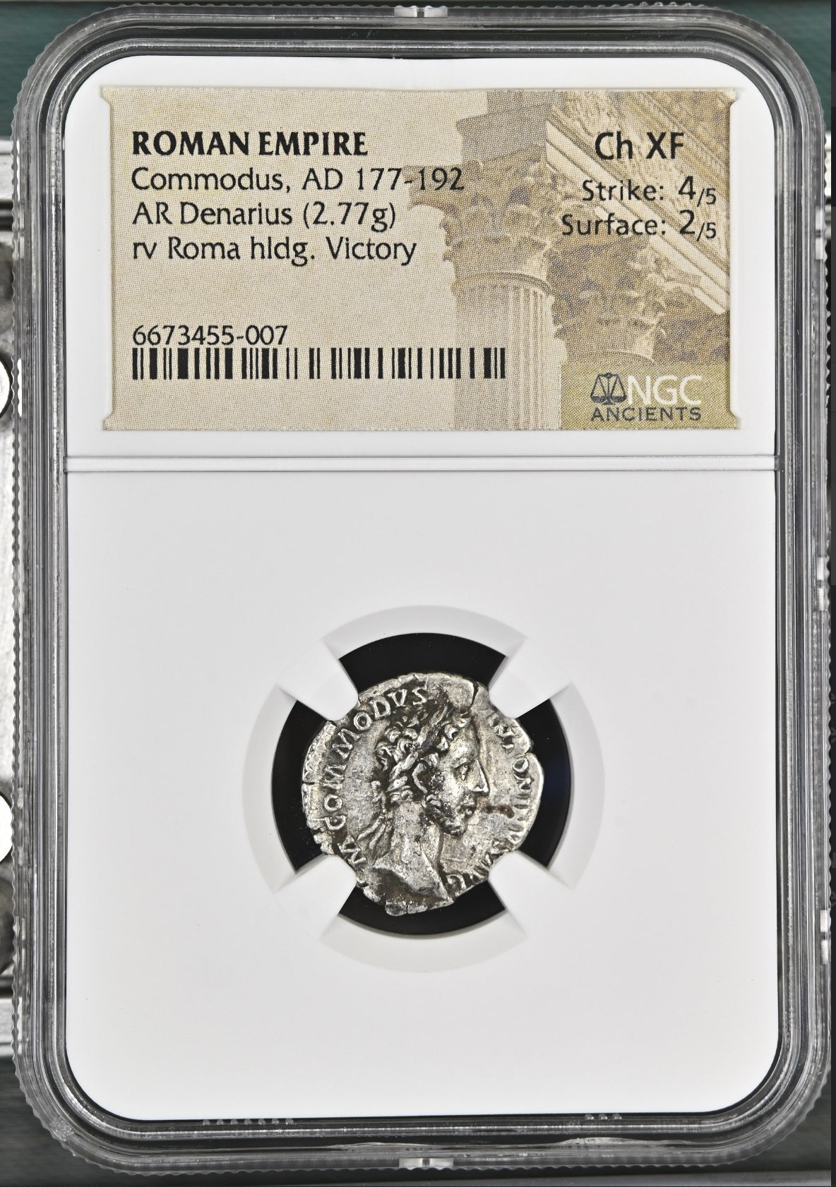 Roman Empire - Commodus - Silver Denarius - NGC Ch XF - RIC:12
