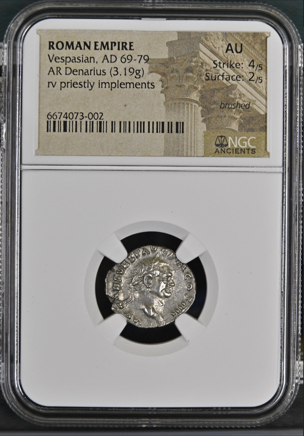 Roman Empire - Vespasian - Silver Denarius - NGC AU - RIC:356