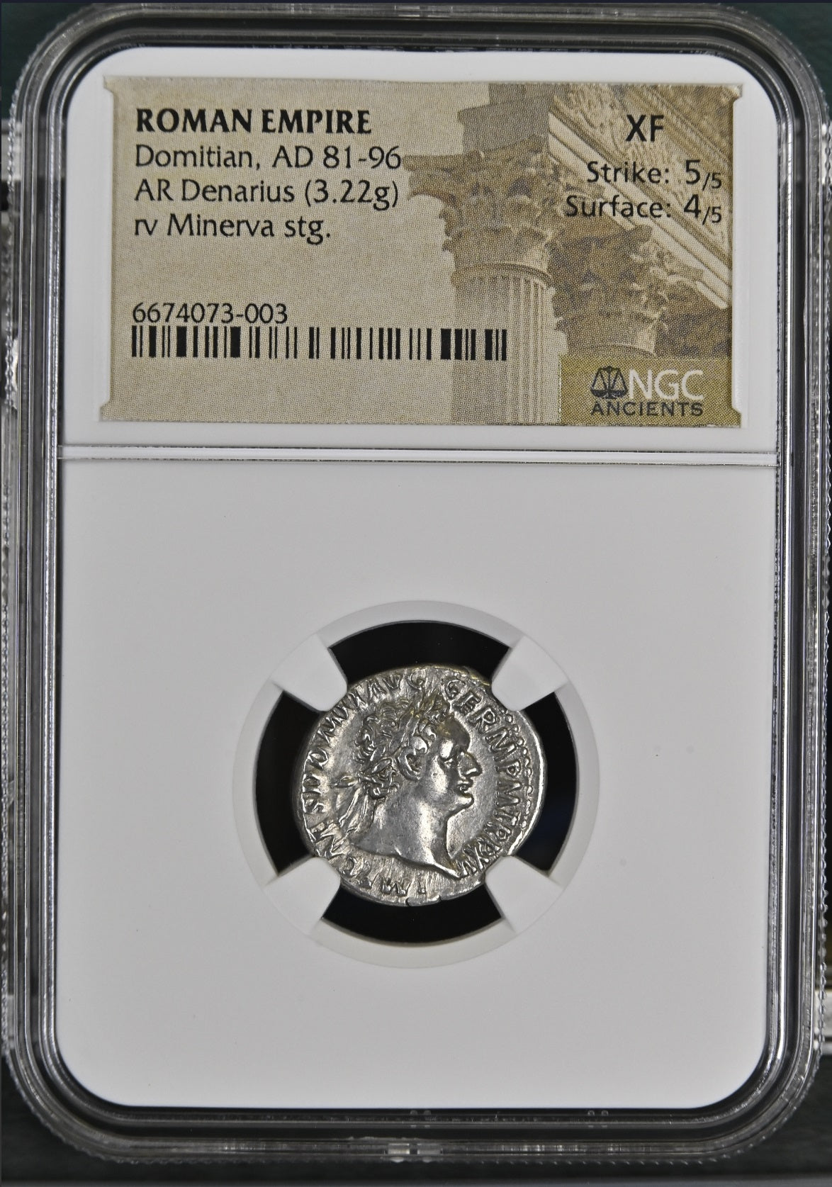 Roman Empire - Domitian - Silver Denarius - NGC XF - RIC:773