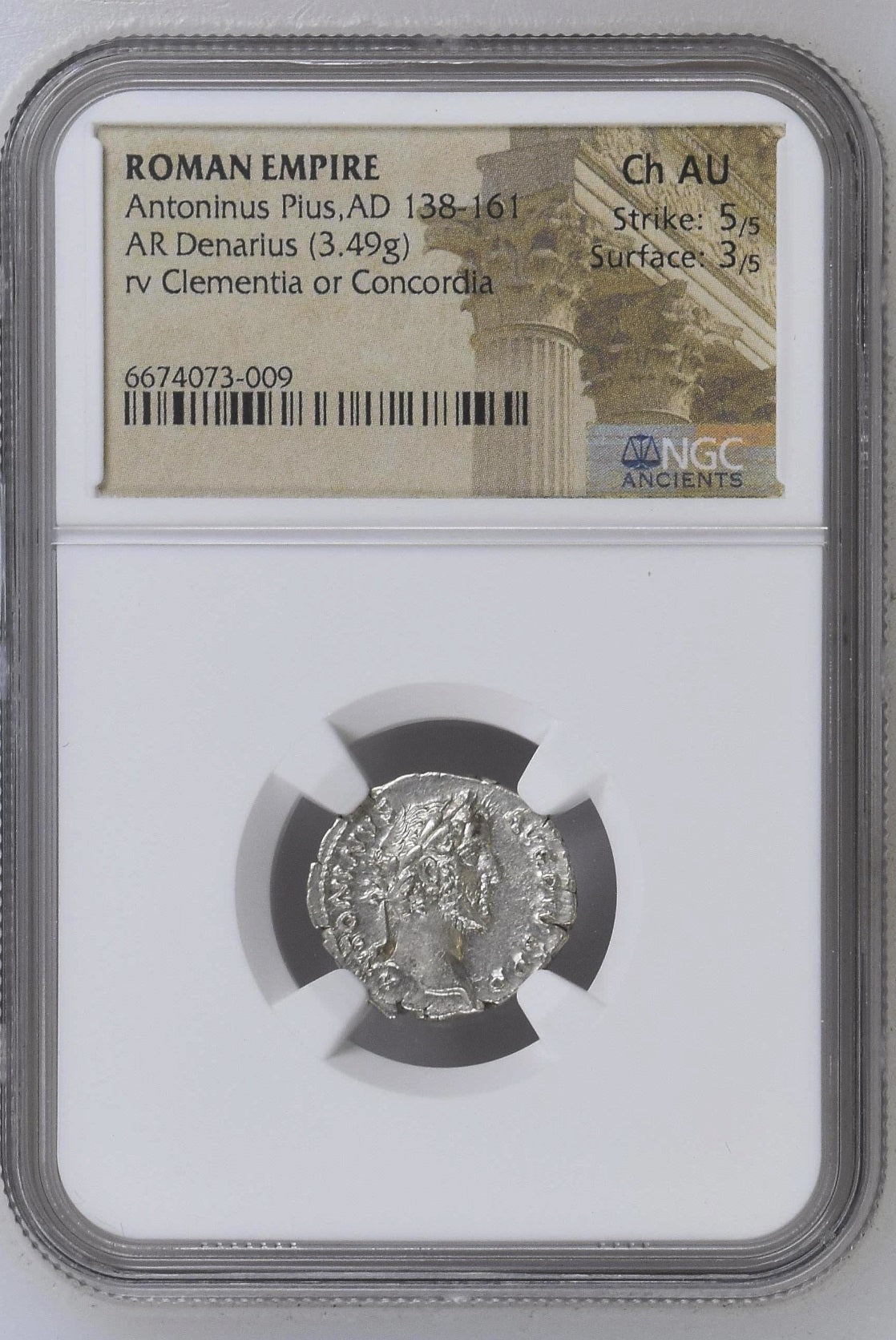 Roman Empire - Antoninus Pius - Silver Denarius - NGC Ch AU - RIC:84