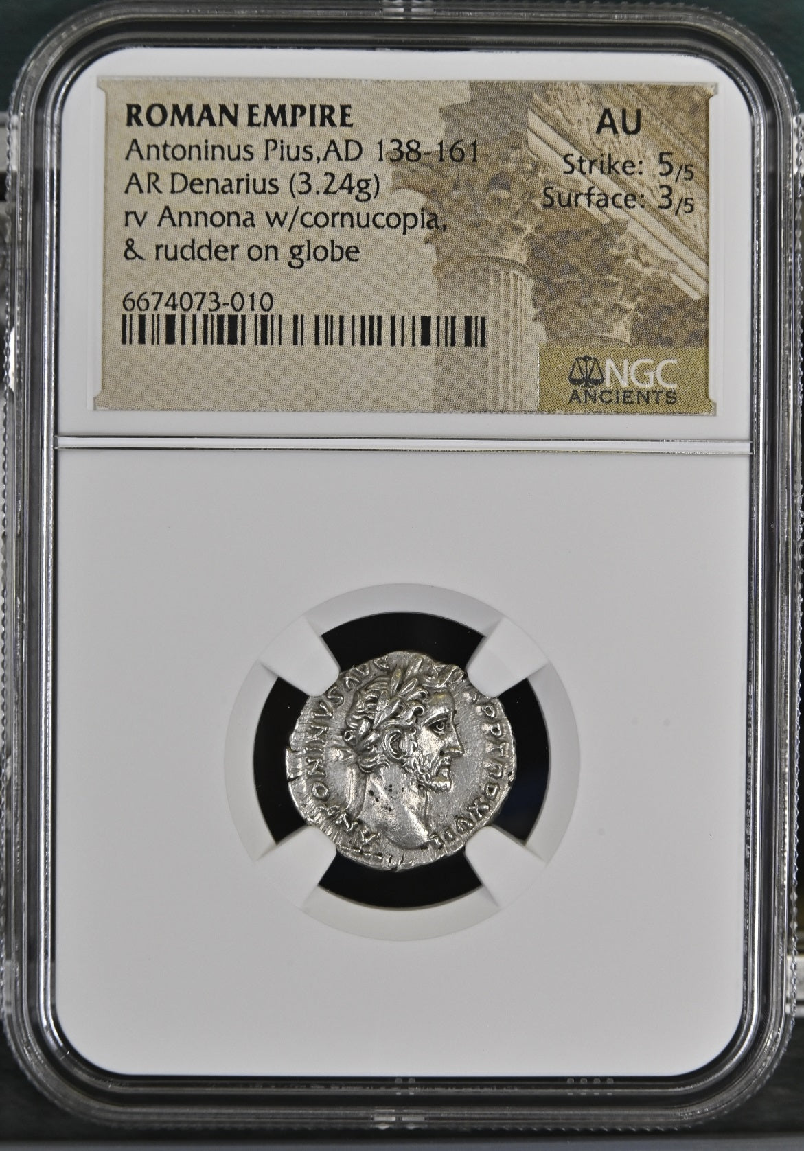 Roman Empire - Antoninus Pius - Silver Denarius - NGC AU - RIC:222