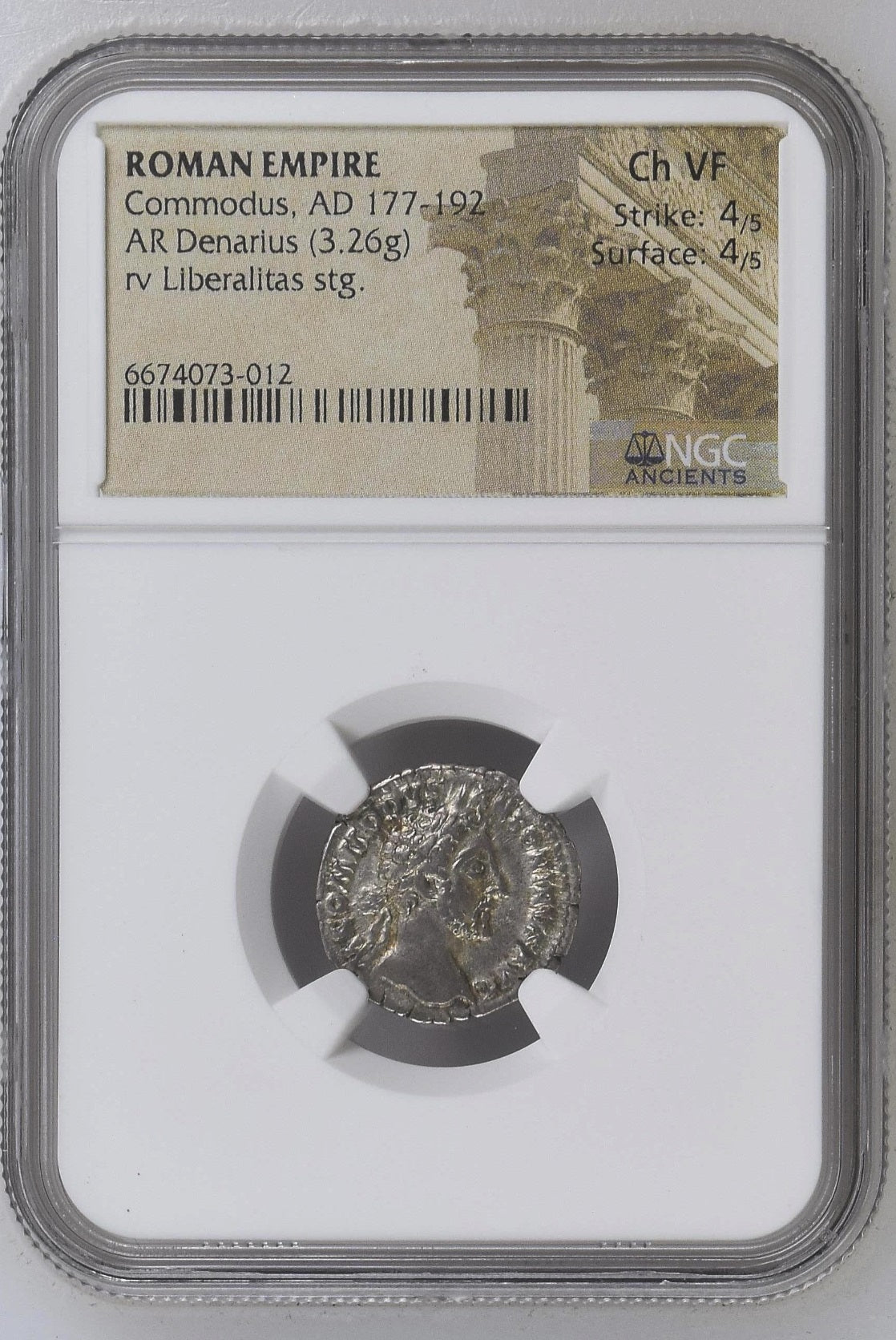 Roman Empire - Commodus - Silver Denarius - NGC Ch VF - RIC:36