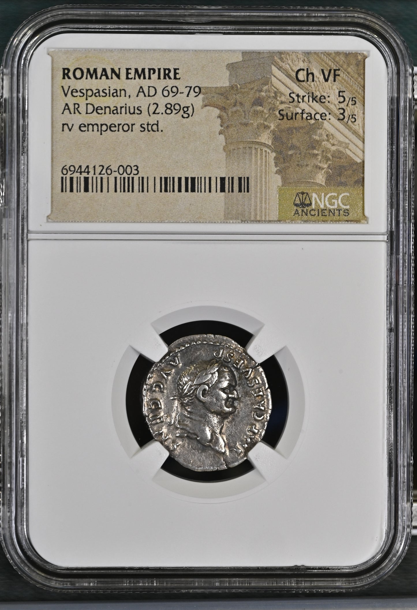 Roman Empire - Vespasian - Silver Denarius - NGC Ch VF - RIC:546