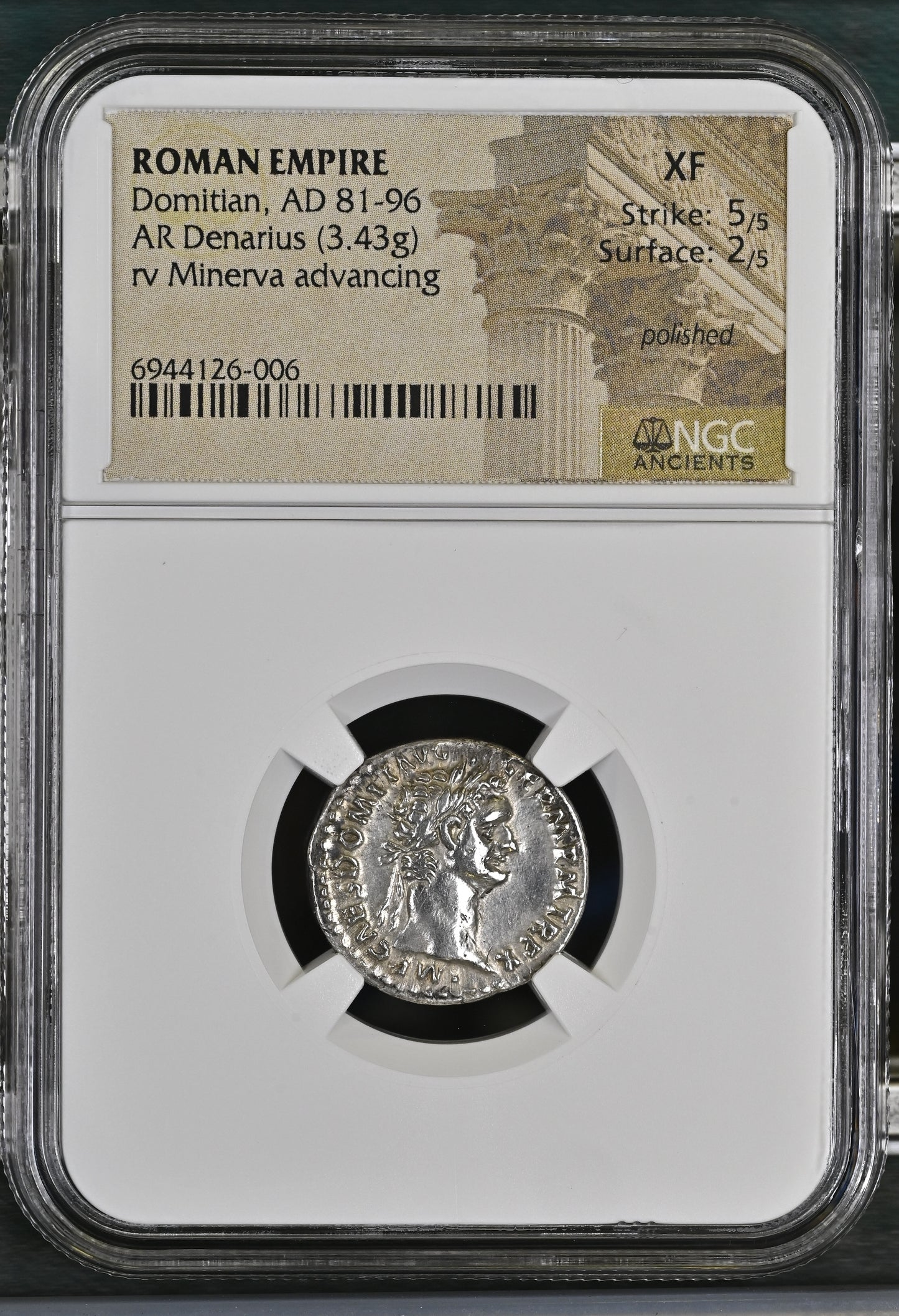 Roman Empire - Domitian - Silver Denarius - NGC XF - RIC:720