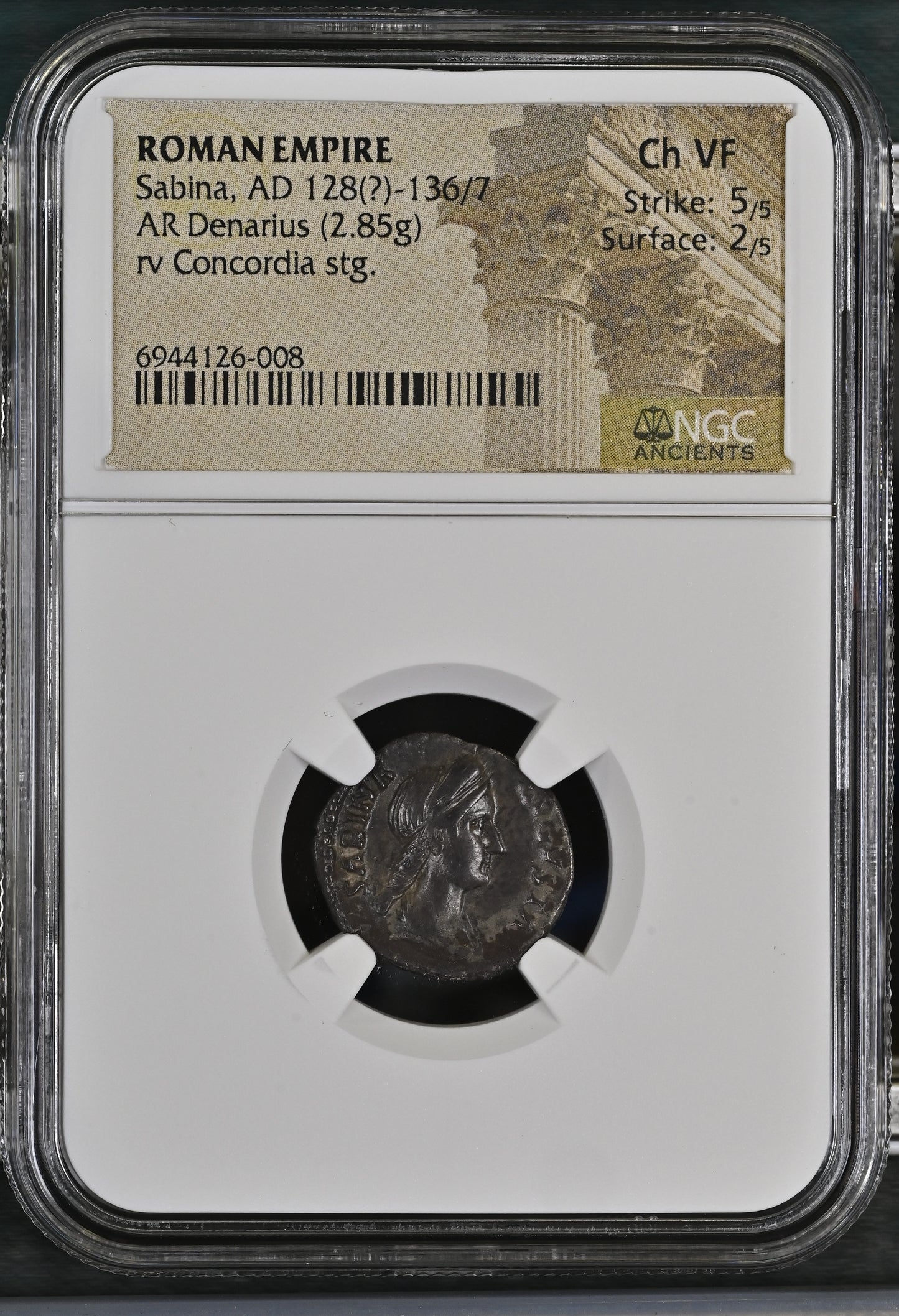 Roman Empire - Sabina - Silver Denarius - NGC Ch VF - RIC:2571