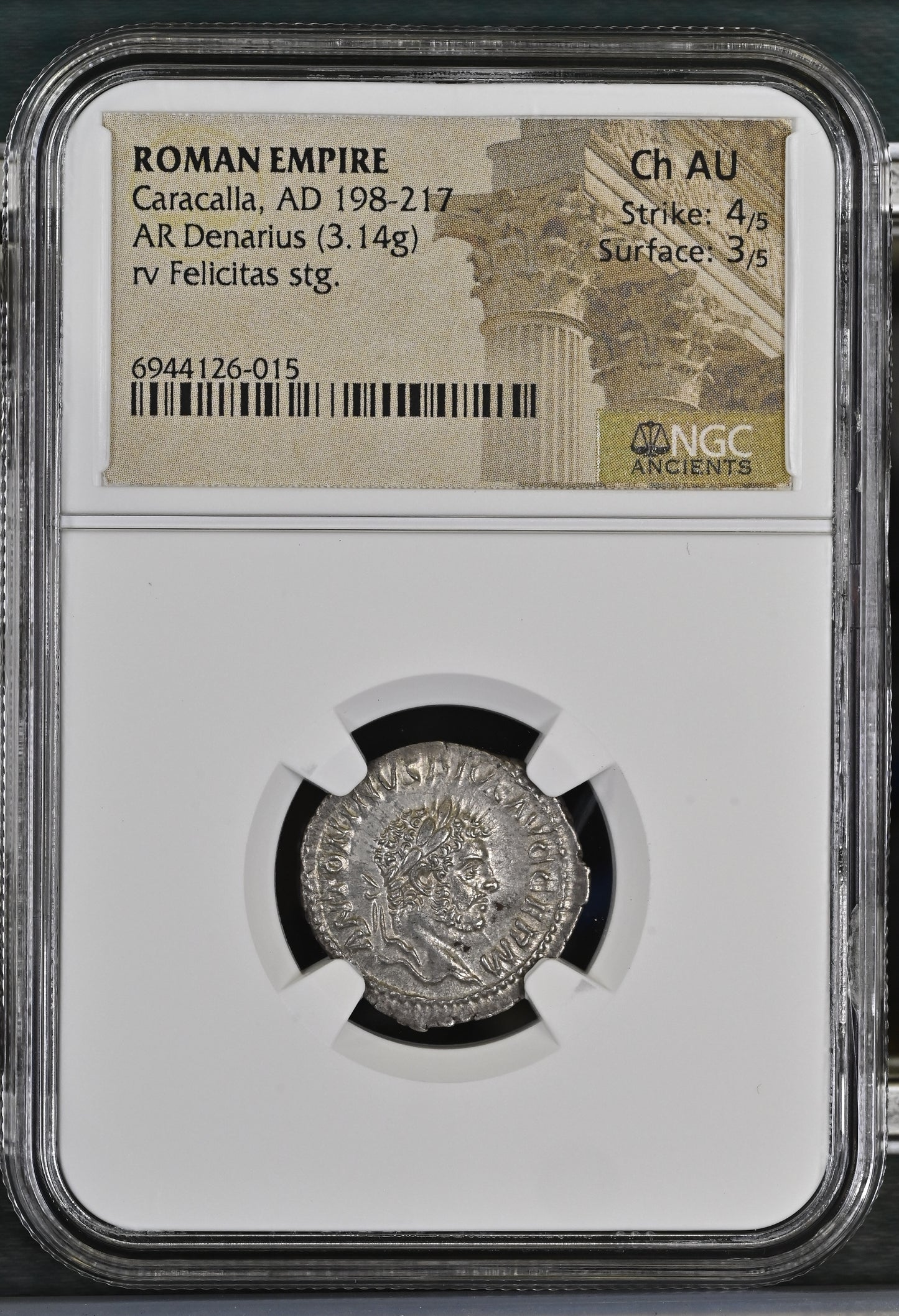 Roman Empire - Caracalla - Silver Denarius - NGC Ch AU - RIC:268