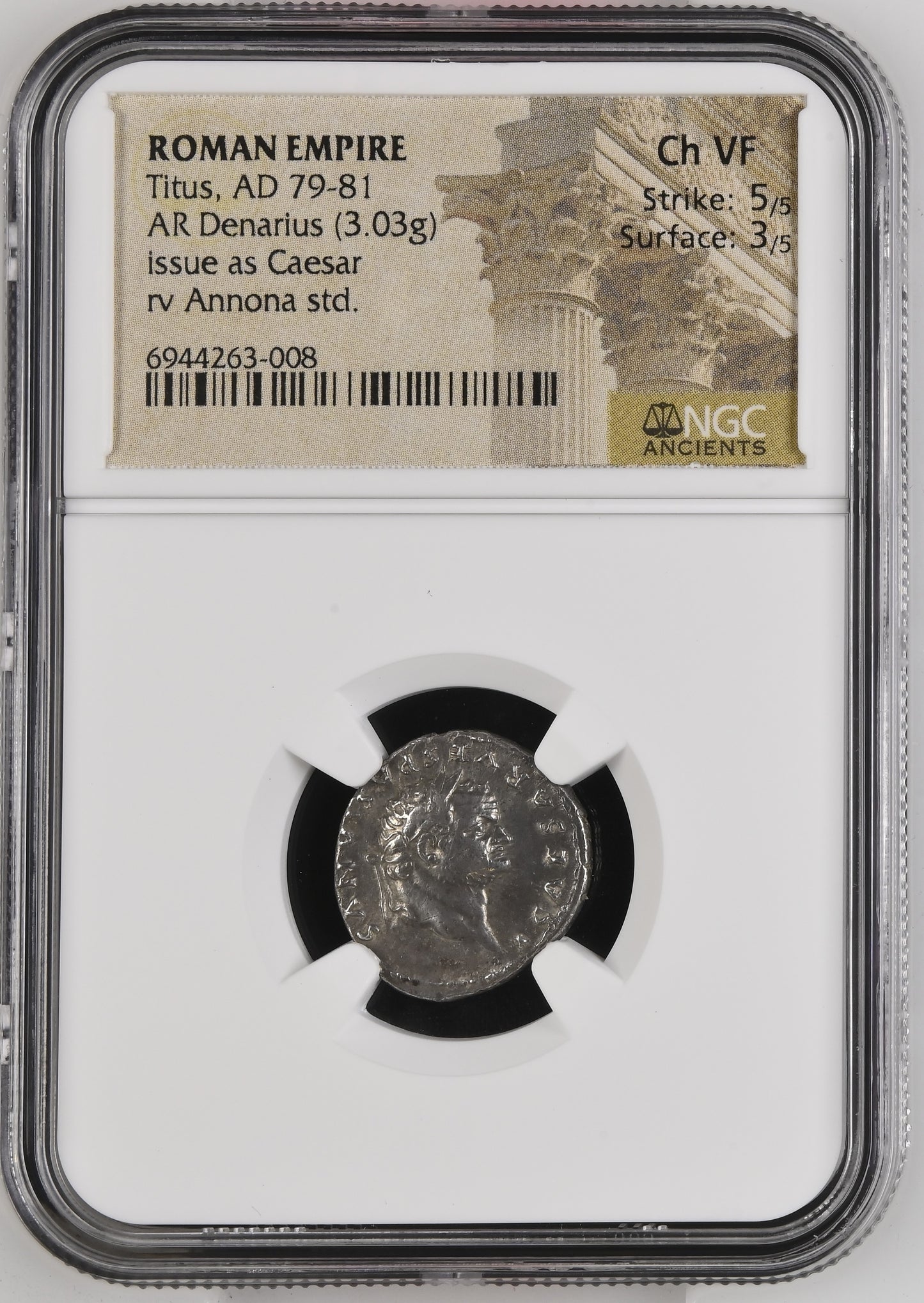Roman Empire - Titus - Silver Denarius - NGC Ch VF - RIC:972