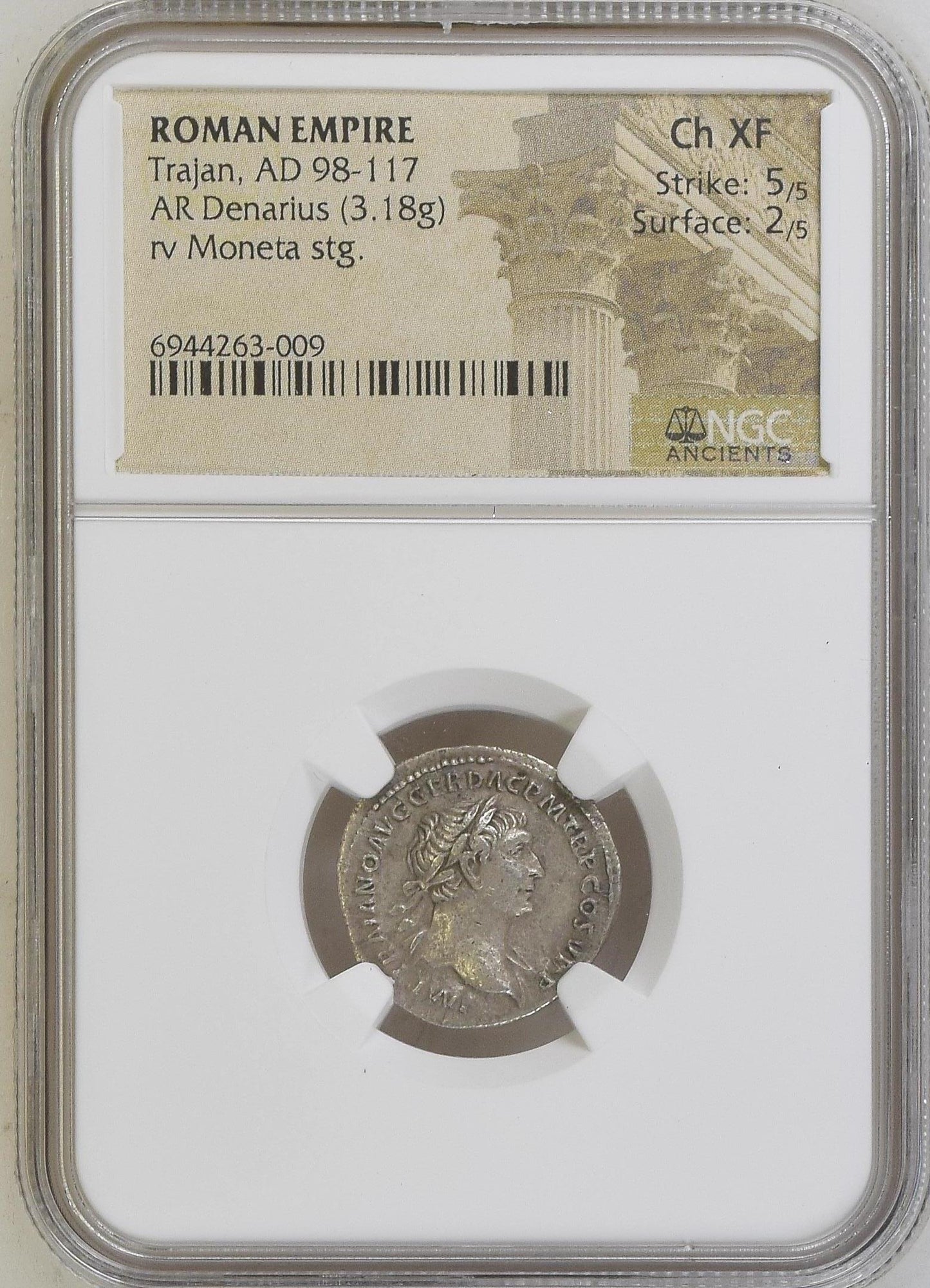 Roman Empire - Trajan - Silver Denarius - NGC Ch XF