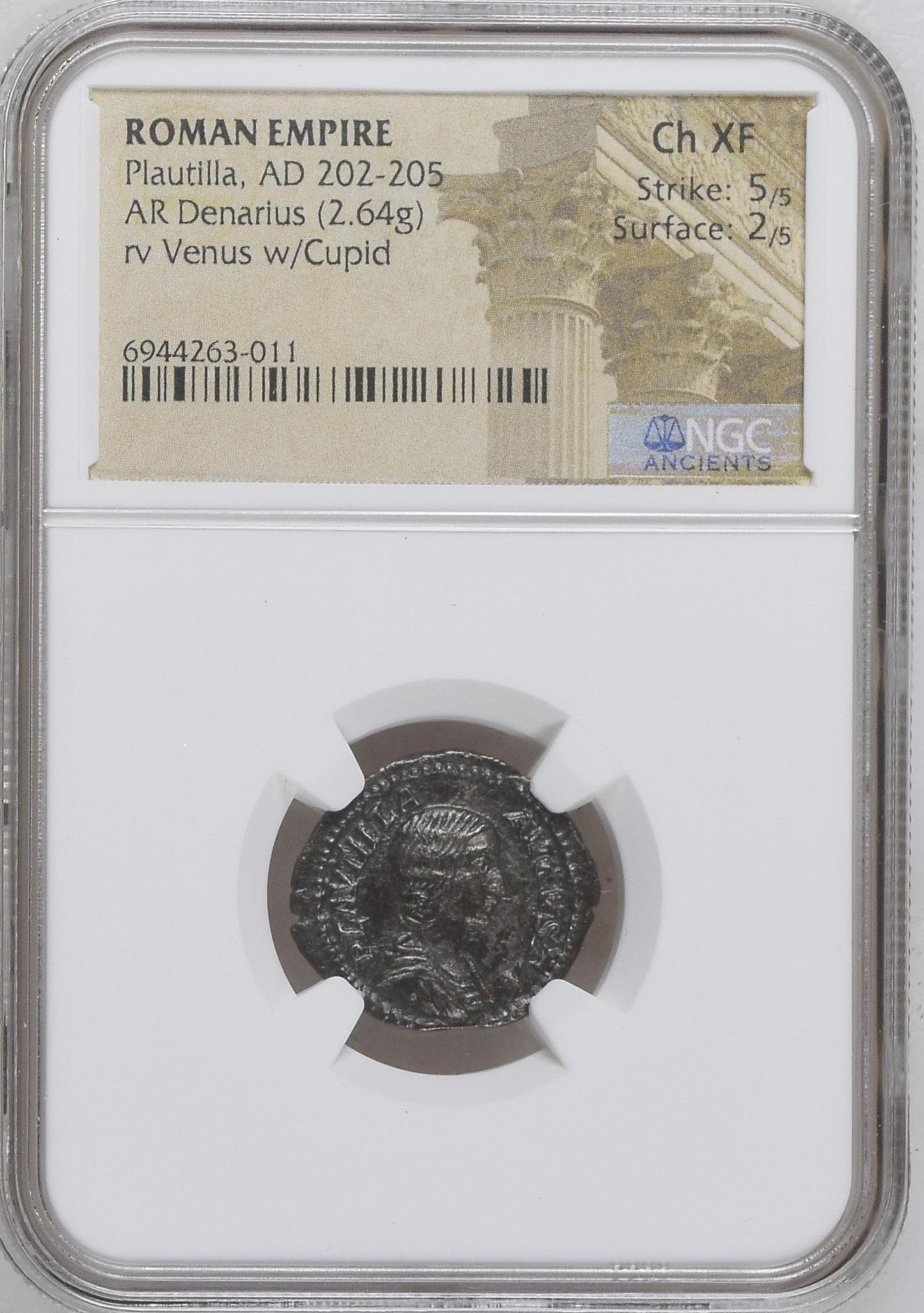 Roman Empire - Plautilla - Silver Denarius - NGC Ch XF - RIC:369