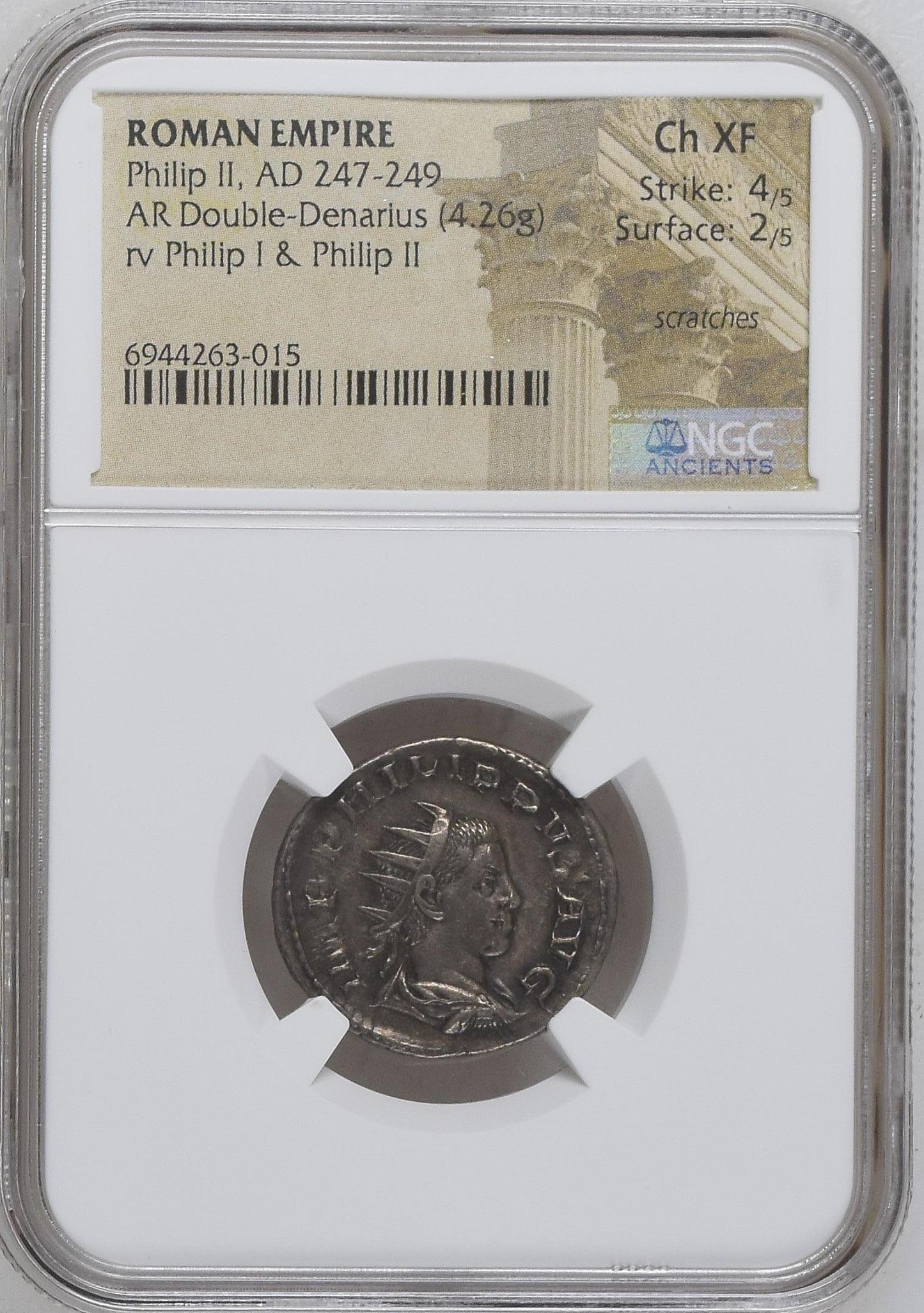 Roman Empire - Philip II - Silver Double-Denarius - NGC Ch XF - RIC:230