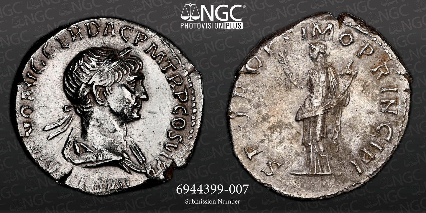 Roman Empire - Trajan - Silver Denarius - NGC AU - RIC:404b