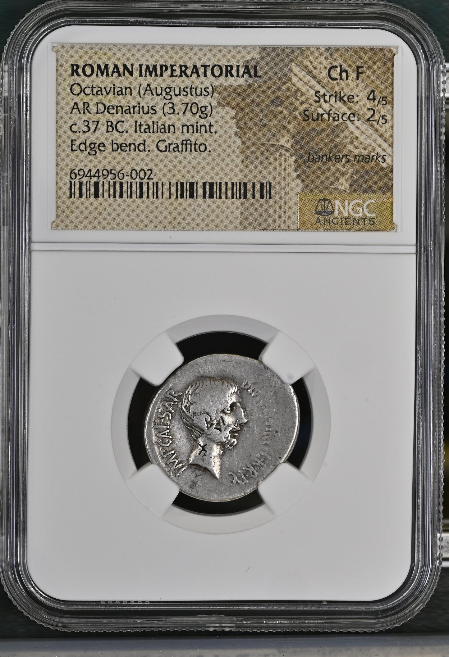 Roman Imperatorial - Octavian (Augustus) - Silver Denarius - NGC Ch F - Crawford 538/1