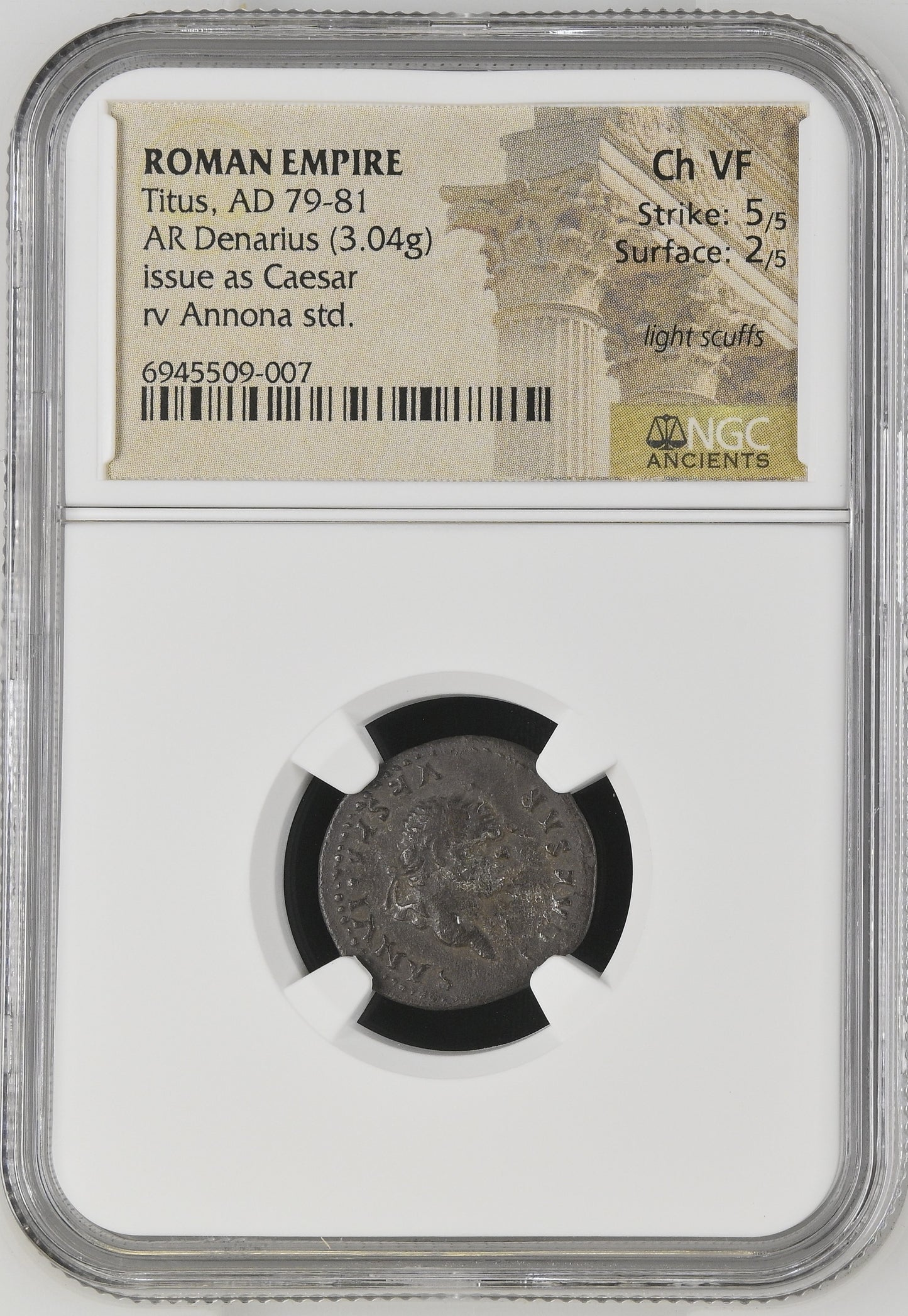 Roman Empire - Titus - Silver Denarius - NGC Ch VF - RIC:218