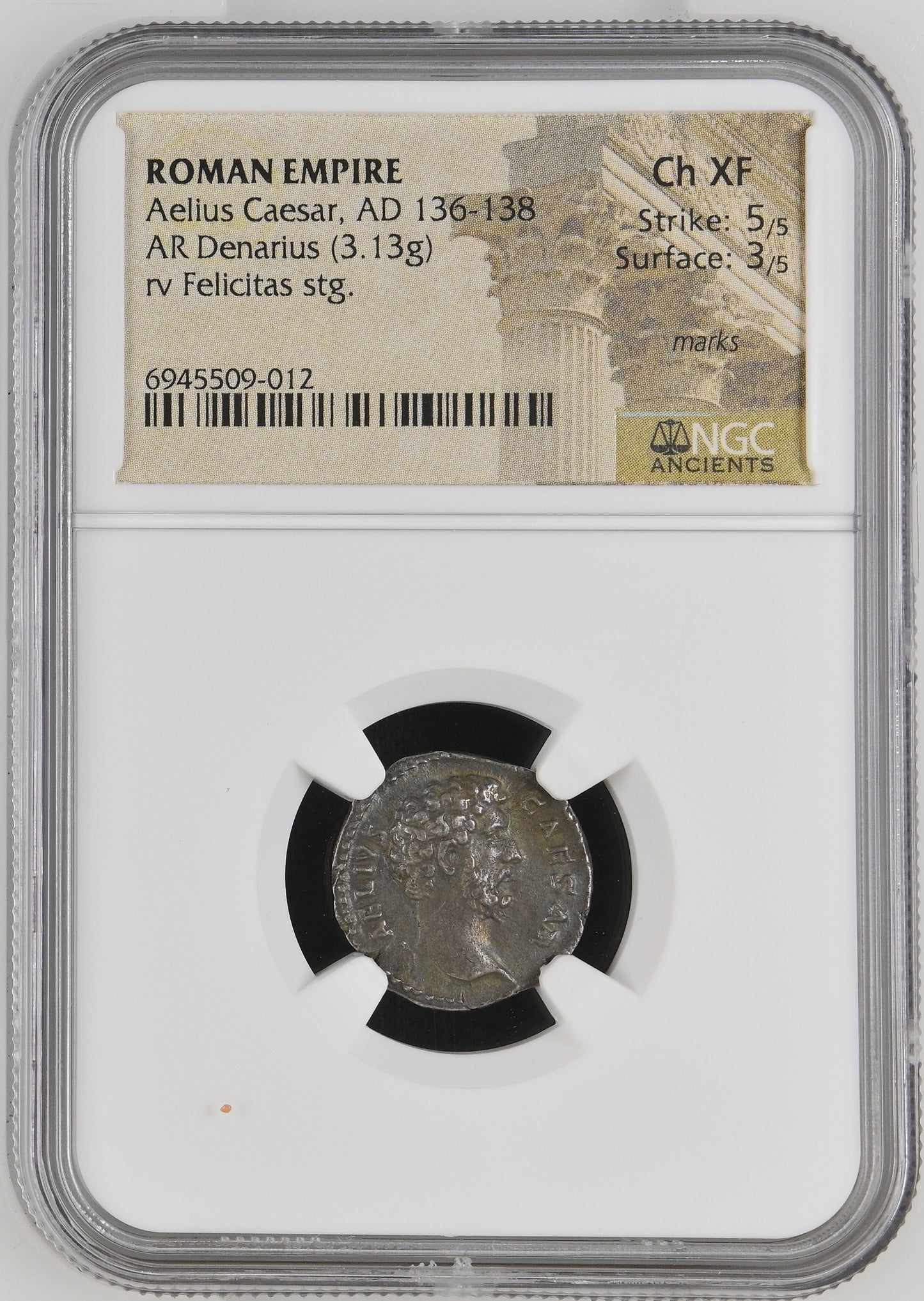 Roman Empire - Aelius Caesar - Silver Denarius - NGC Ch XF - RIC:2634