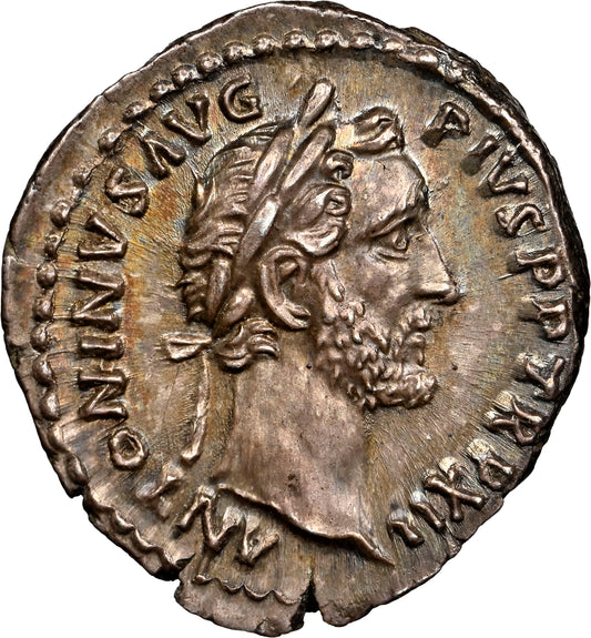 Roman Empire - Antoninus Pius - Silver Denarius - NGC Ch AU - RIC:181