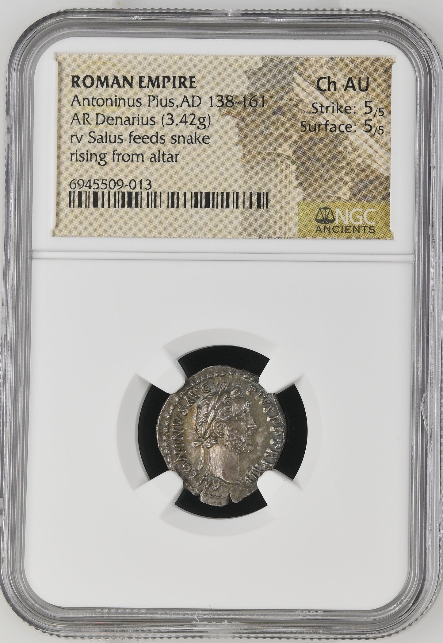 Roman Empire - Antoninus Pius - Silver Denarius - NGC Ch AU - RIC:181