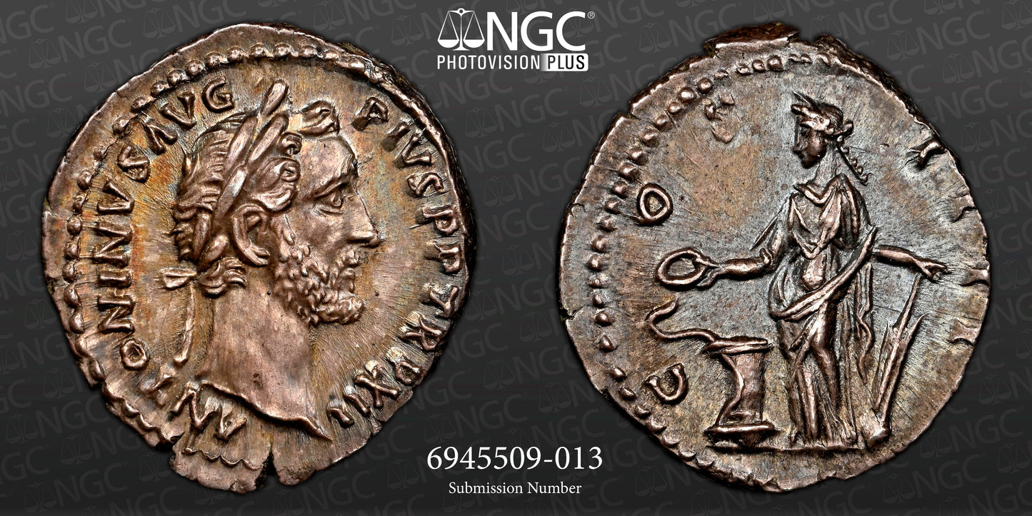 Roman Empire - Antoninus Pius - Silver Denarius - NGC Ch AU - RIC:181