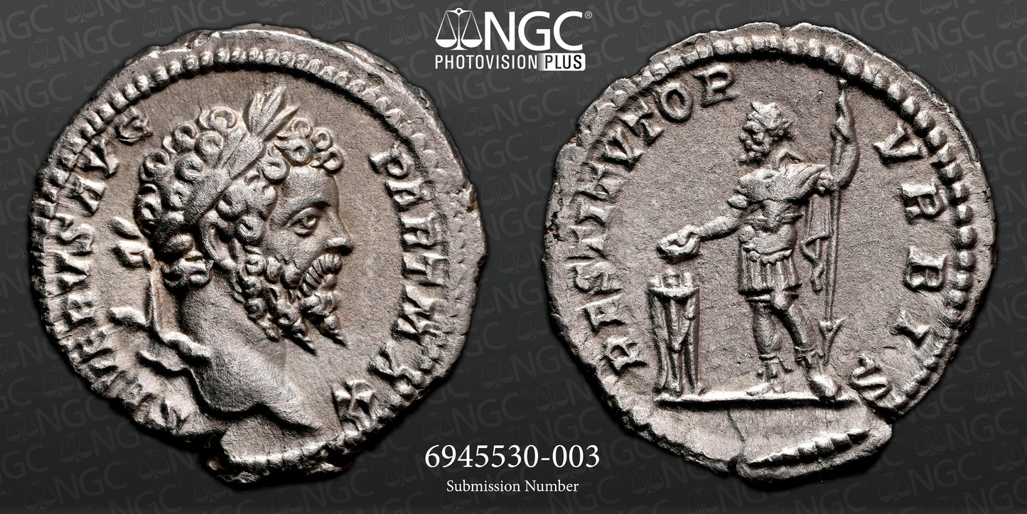 Roman Empire - Septimius Severus - Silver Denarius - NGC Ch XF - RIC:167a