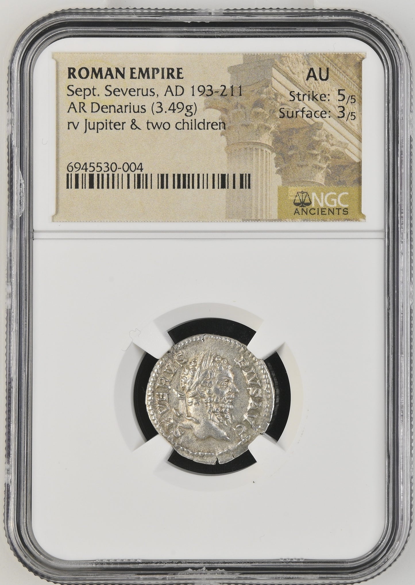 Roman Empire - Septimius Severus - Silver Denarius - NGC AU - RIC:226