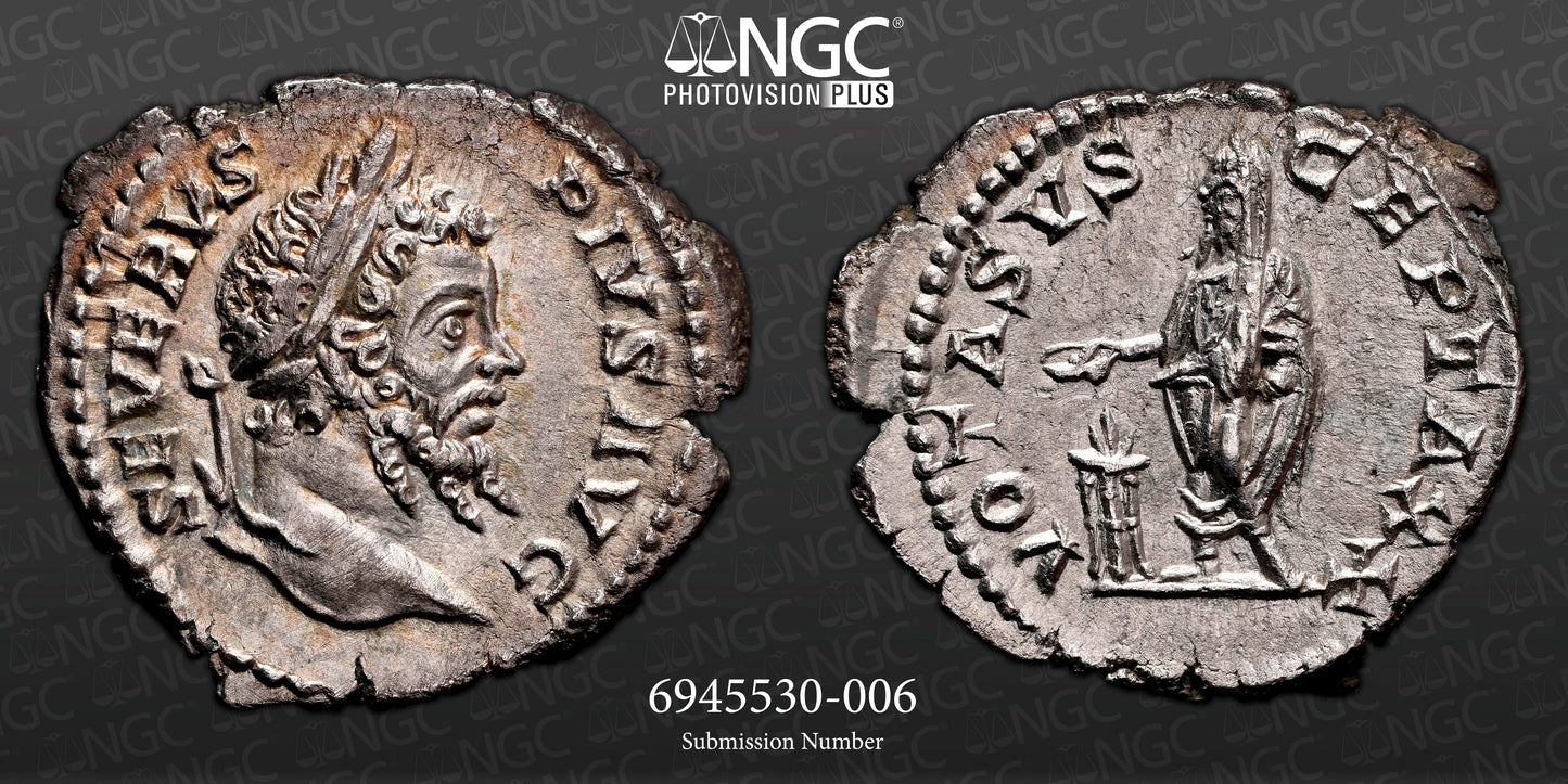 Roman Empire - Septimius Severus - Silver Denarius - NGC Ch AU - RIC:226