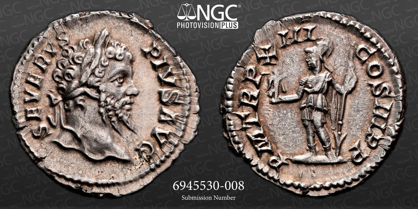 Roman Empire - Septimius Severus - Silver Denarius - NGC Ch XF - RIC:197