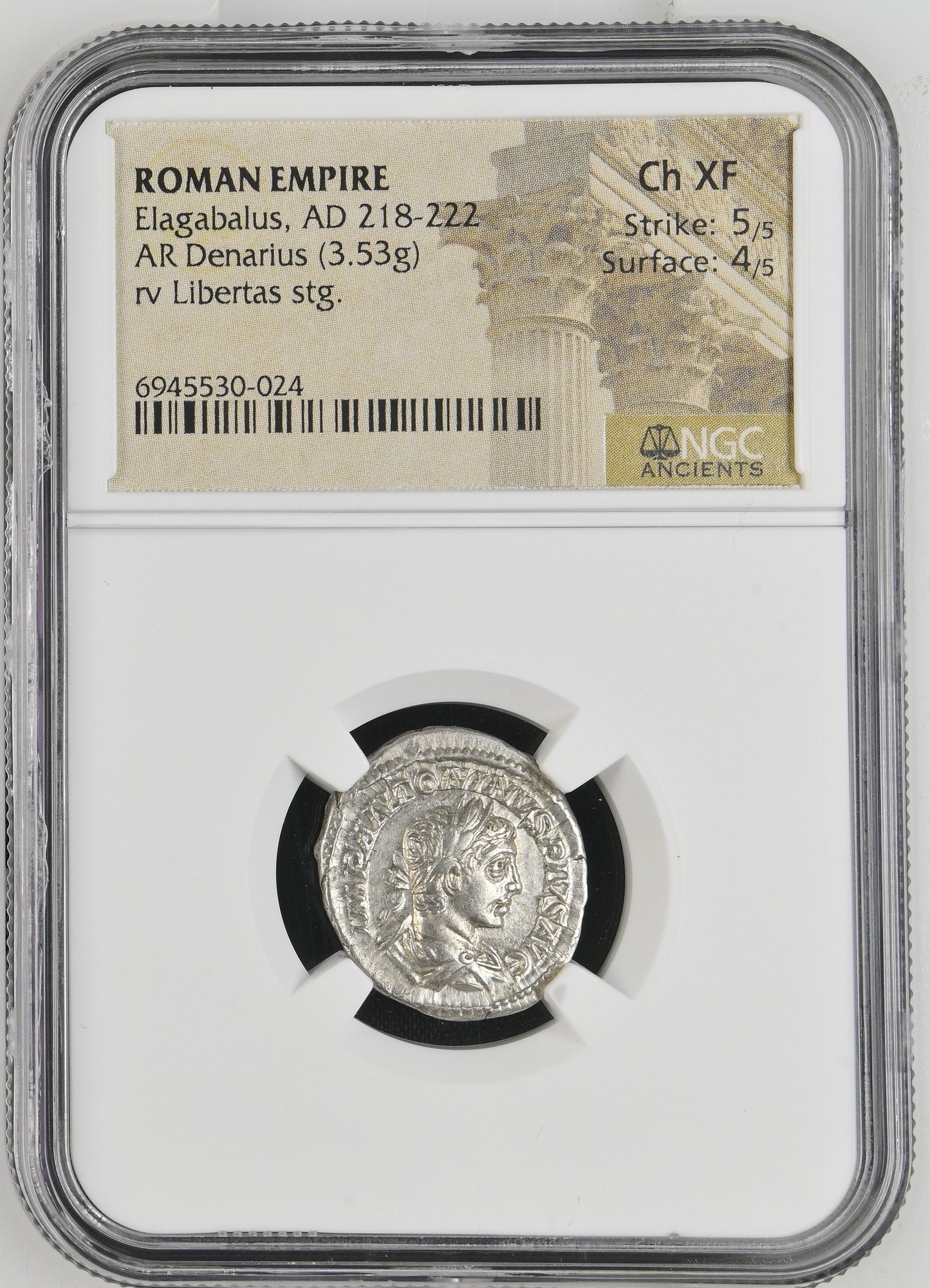 Roman Empire - Elagabalus - Silver Denarius - NGC Ch XF - RIC:107