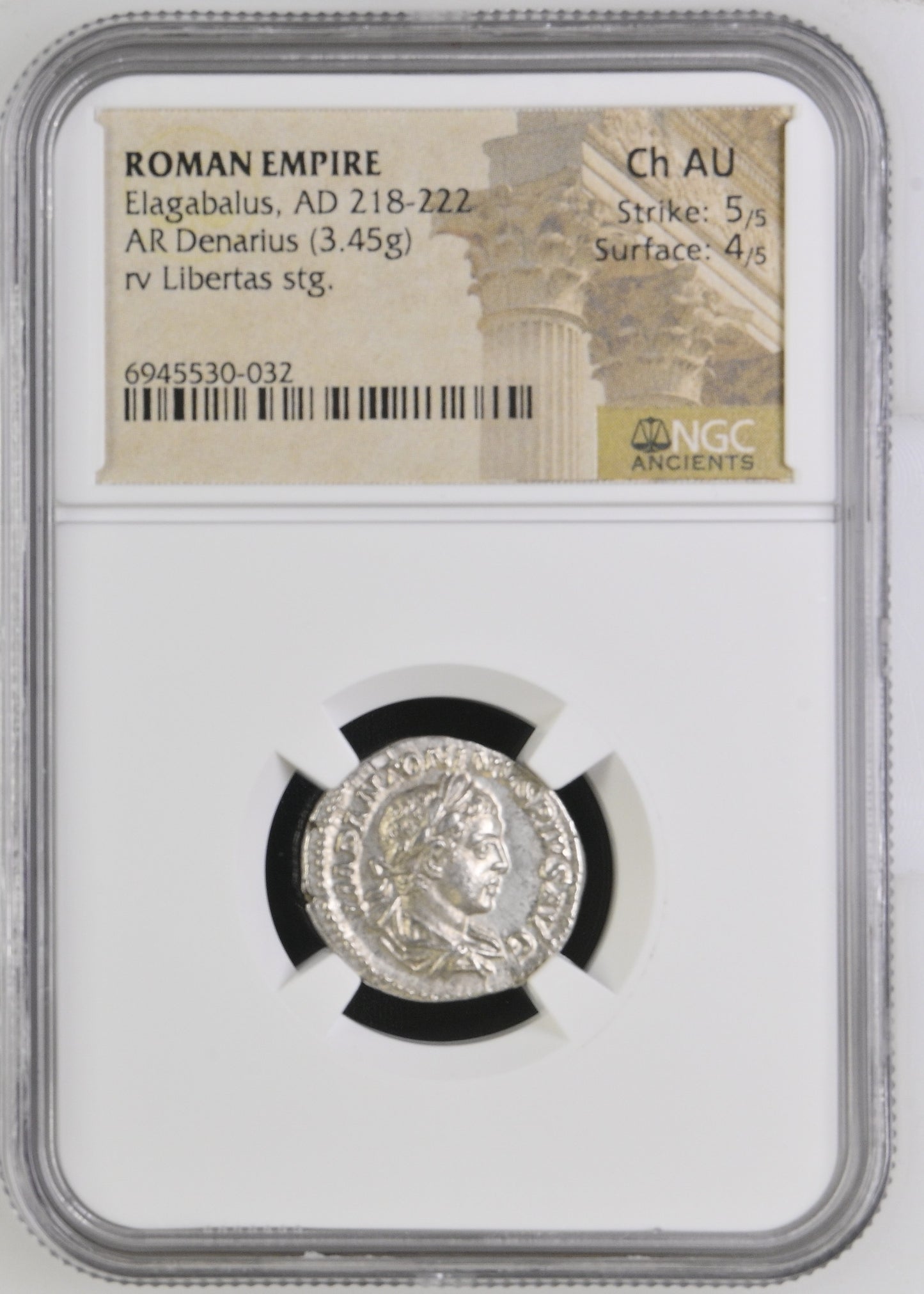 Roman Empire - Elagabalus - Silver Denarius - NGC Ch AU - RIC:107