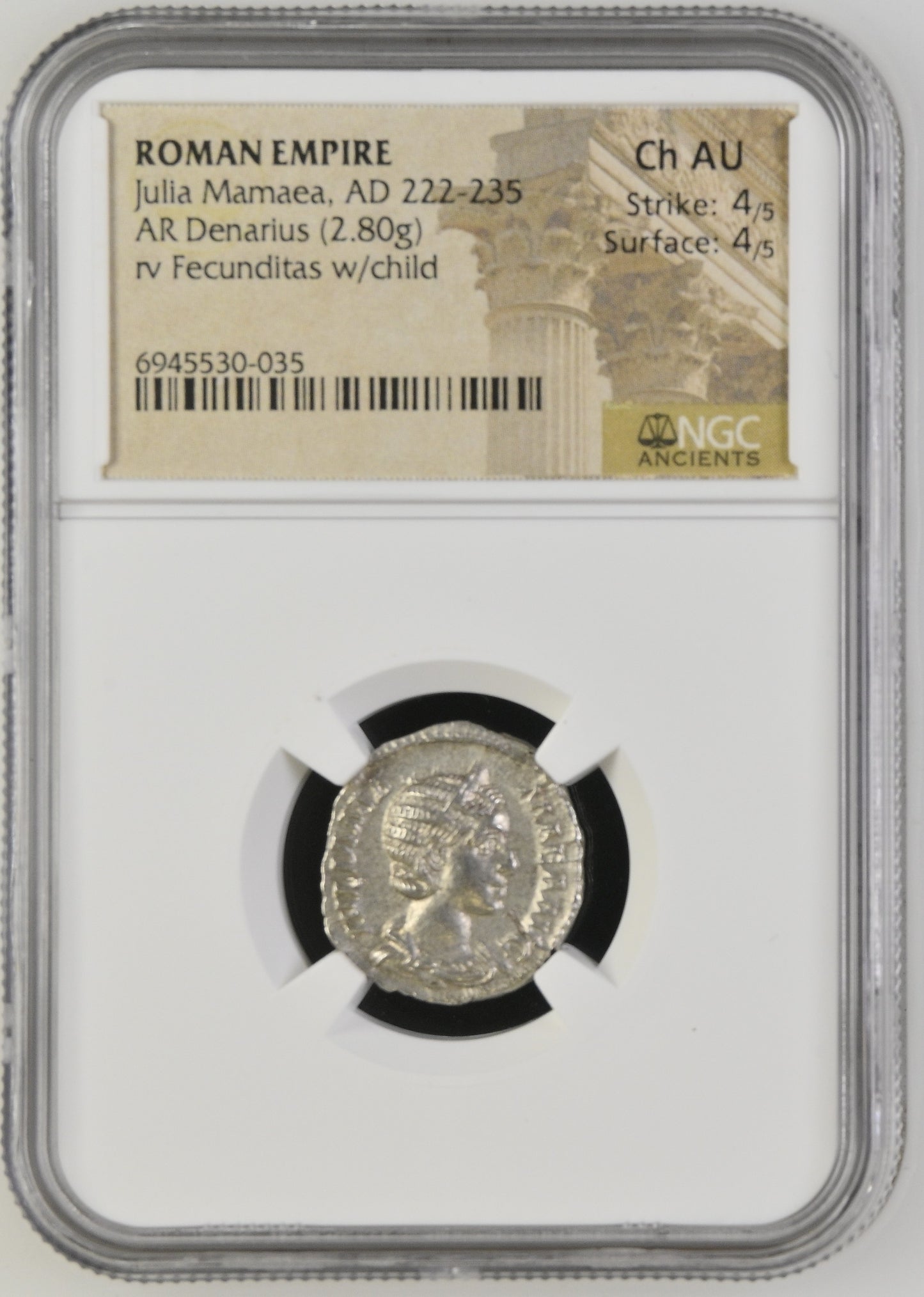 Roman Empire - Julia Mamaea - Silver Denarius - NGC Ch AU - RIC:332