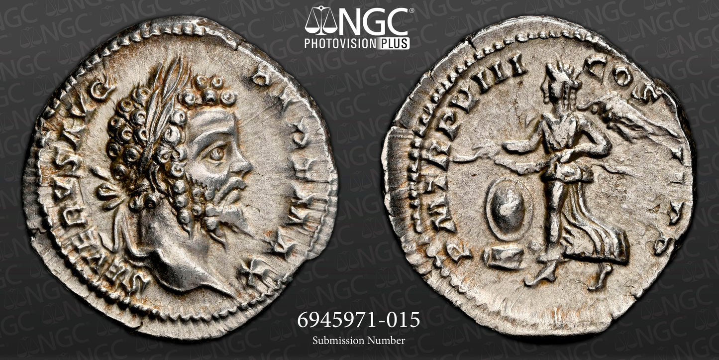 Roman Empire - Septimius Severus - Silver Denarius - NGC Ch AU - RIC:150