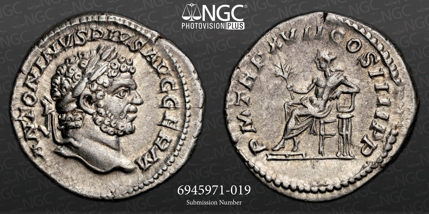 Roman Empire - Caracalla - Silver Denarius - NGC Ch XF - RIC:238a