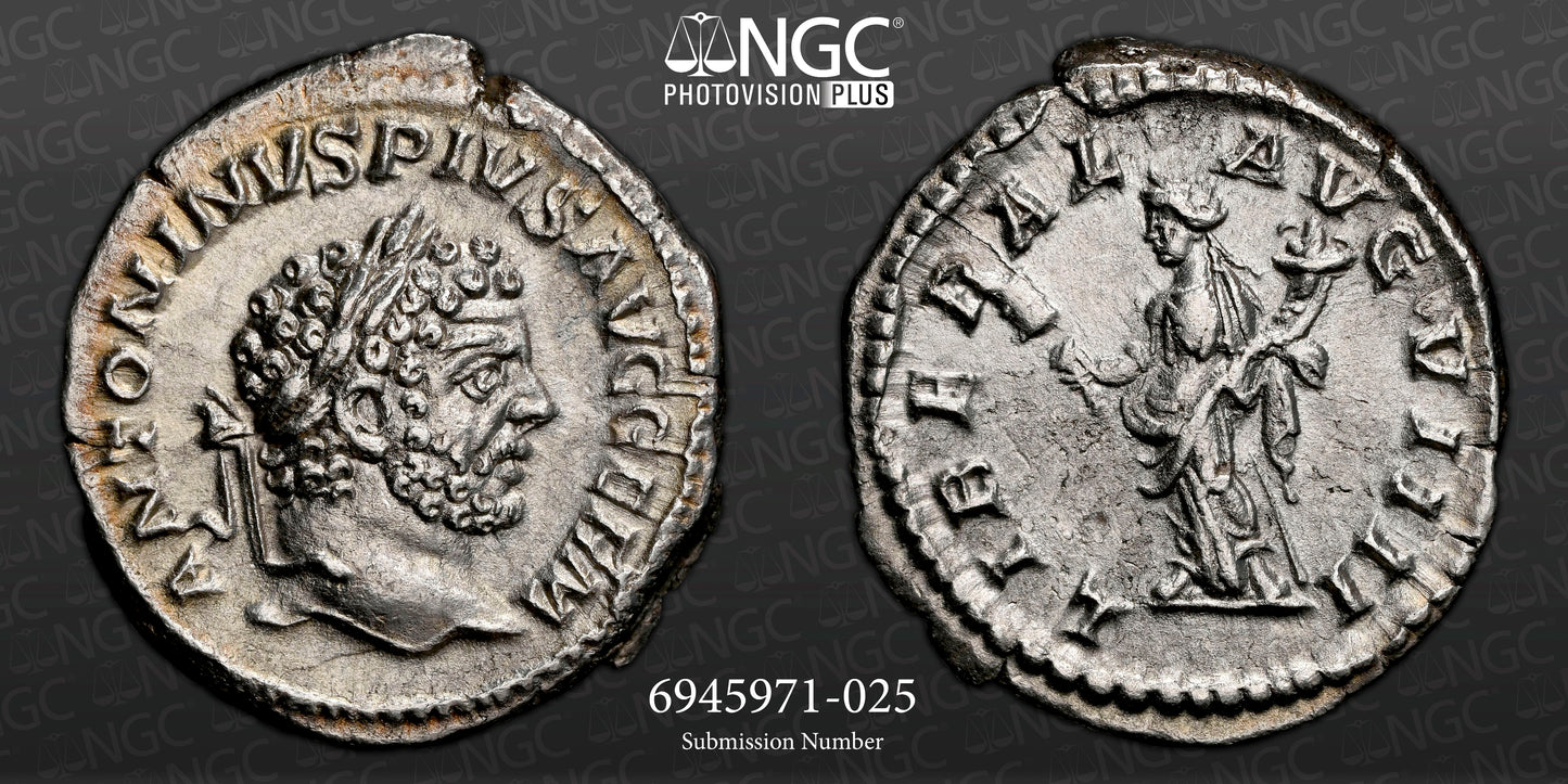 Roman Empire - Caracalla - Silver Denarius - NGC Ch AU - RIC:302