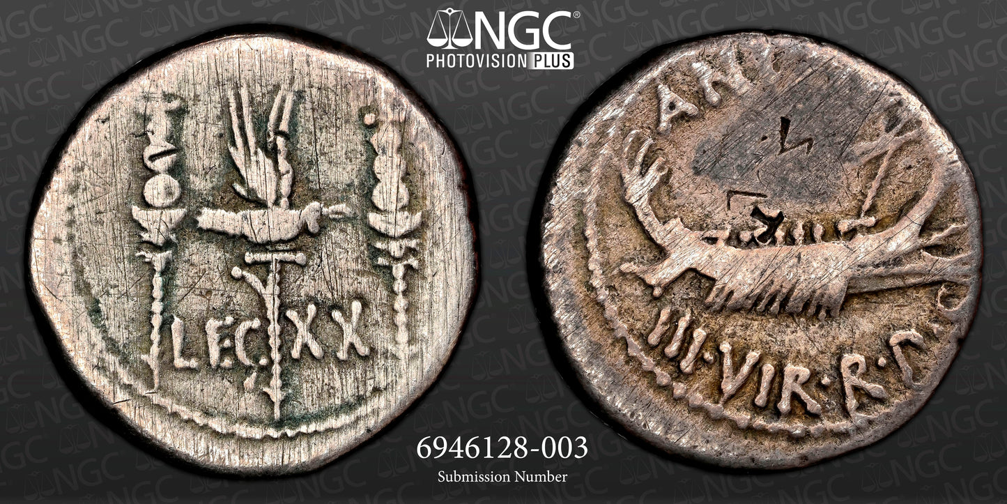 Roman Imperatorial - Marc Antony - Silver Denarius - NGC F - Crawf:57