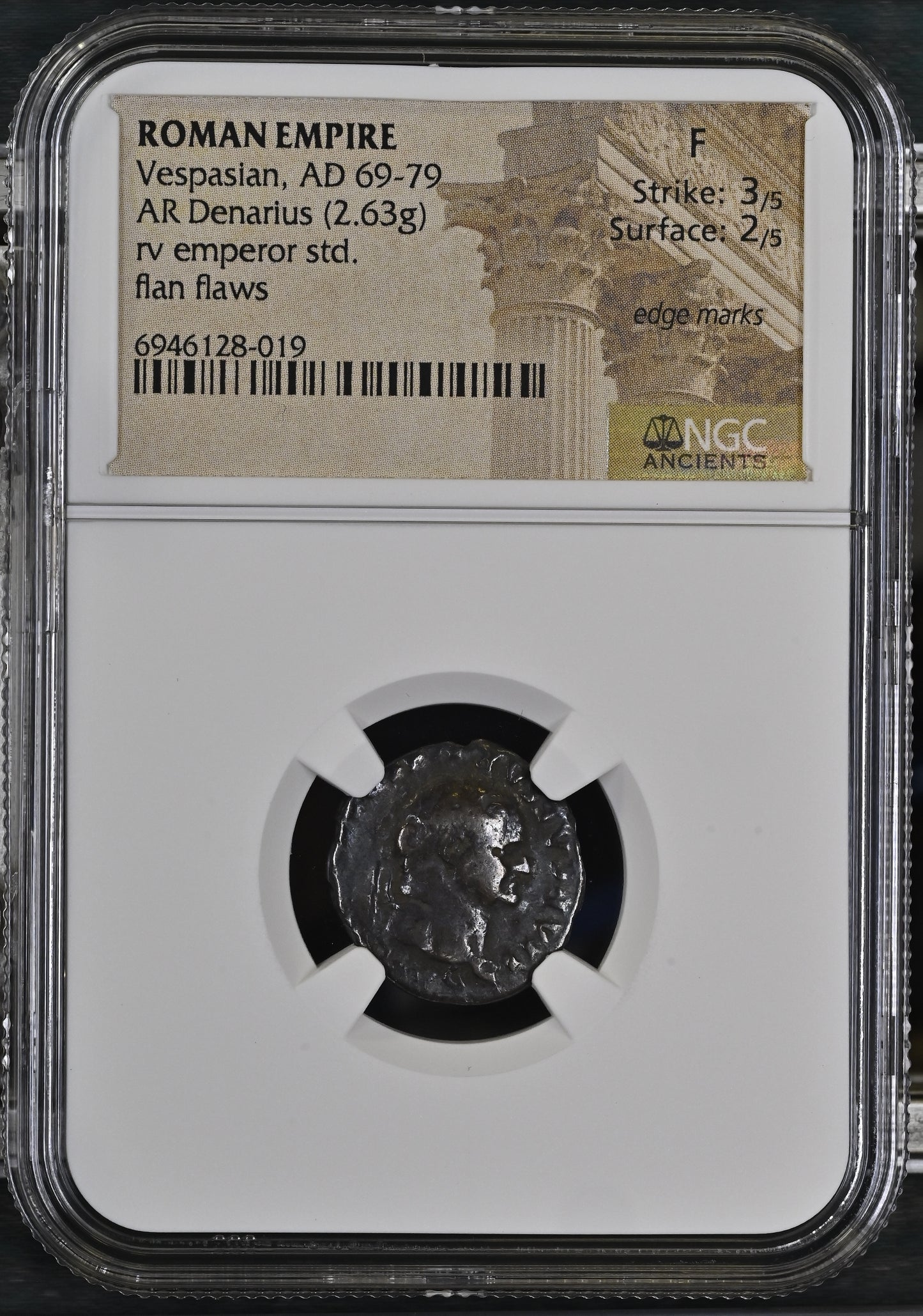 Roman Empire - Vespasian - Silver Denarius - NGC F - RIC:44