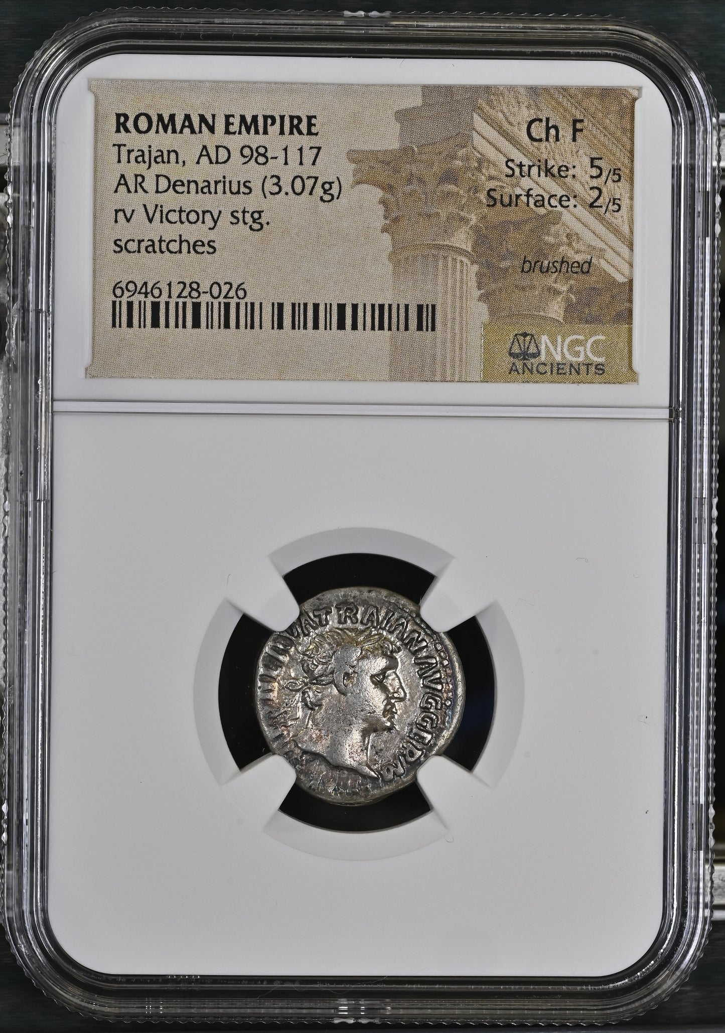 Roman Empire - Trajan - Silver Denarius - NGC Ch F - RIC:58