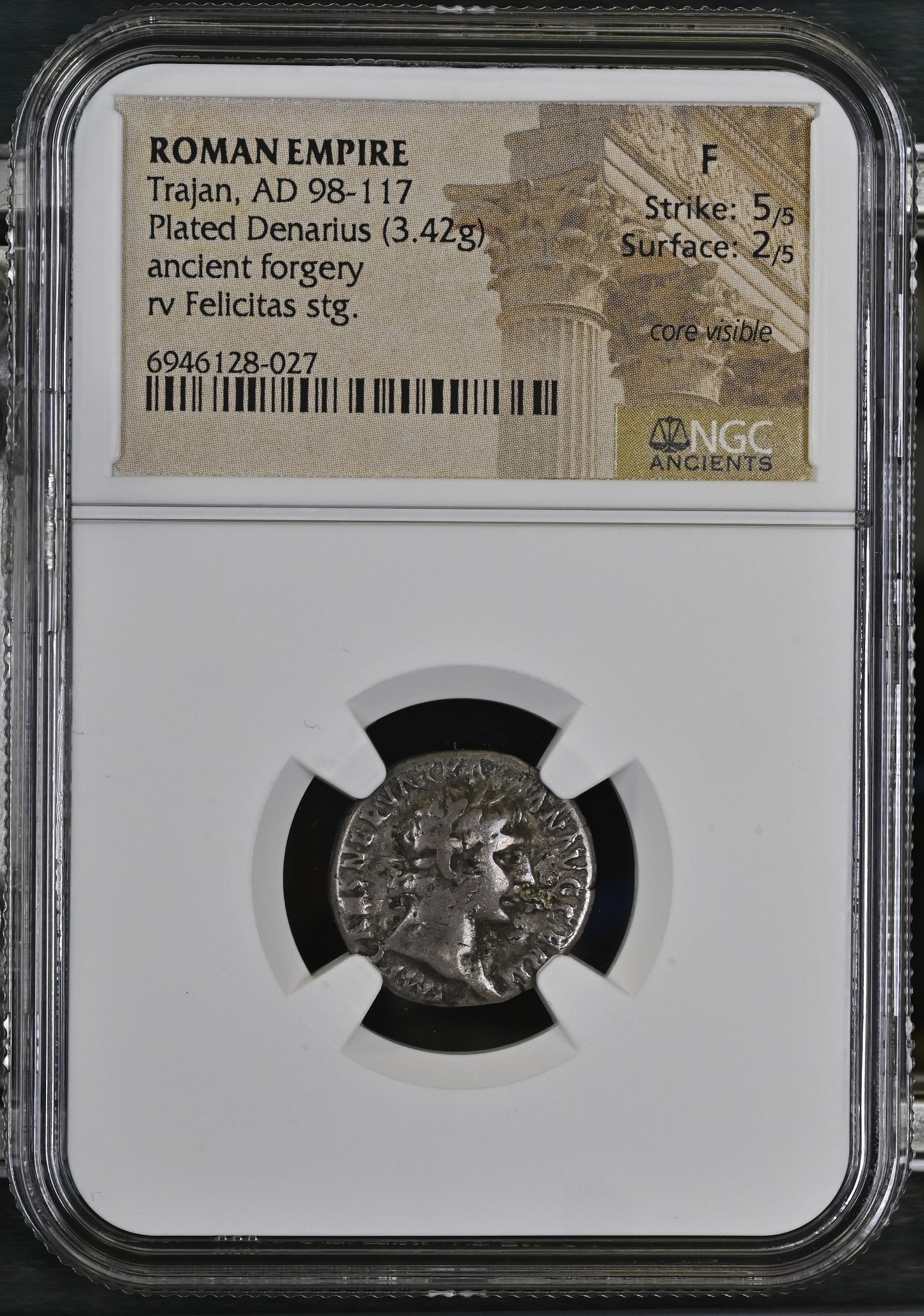 Roman Empire - Trajan - Plated Denarius - NGC F - RIC:56