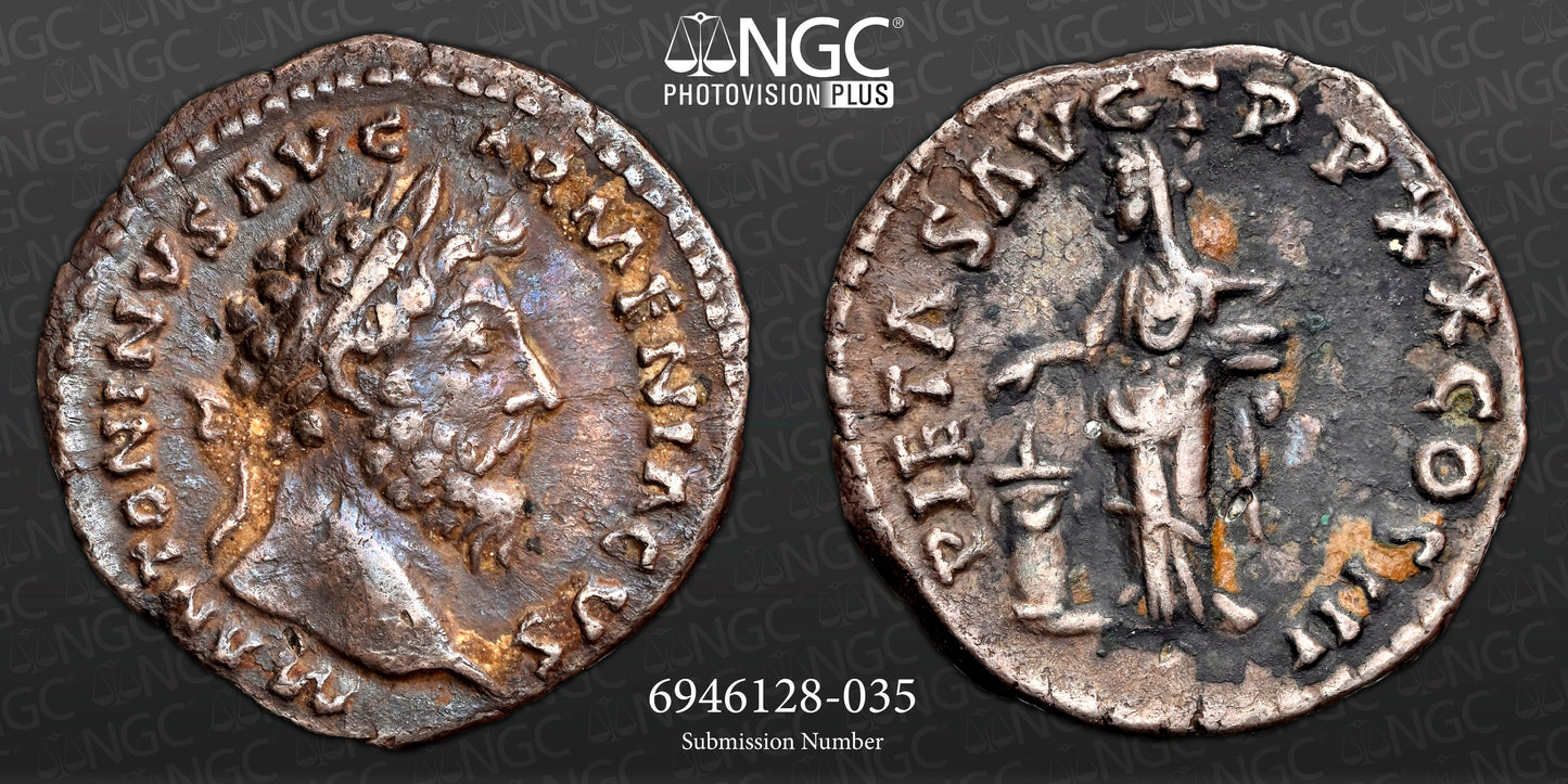 Roman Empire - Marcus Aurelius - Silver Denarius - NGC Ch VF - RIC:148