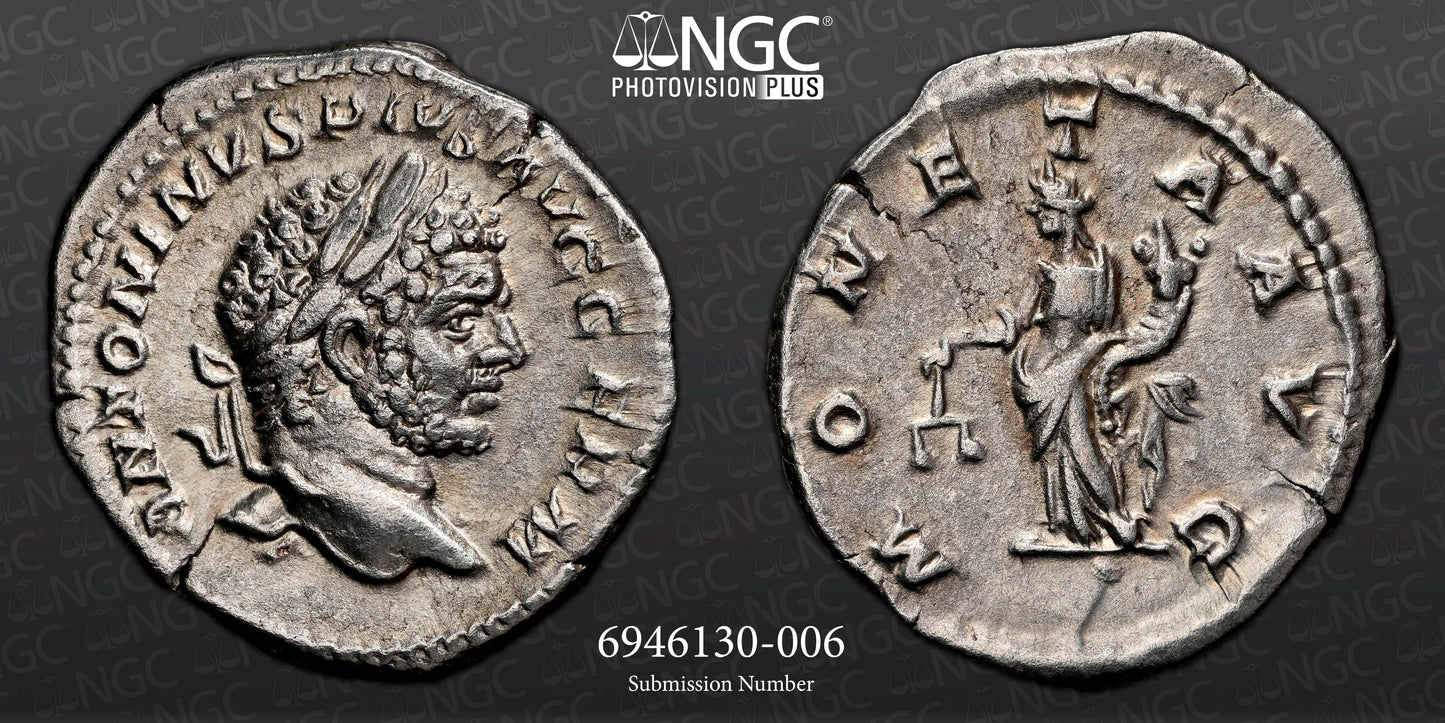 Roman Empire - Caracalla - Silver Denarius - NGC XF - RIC:308