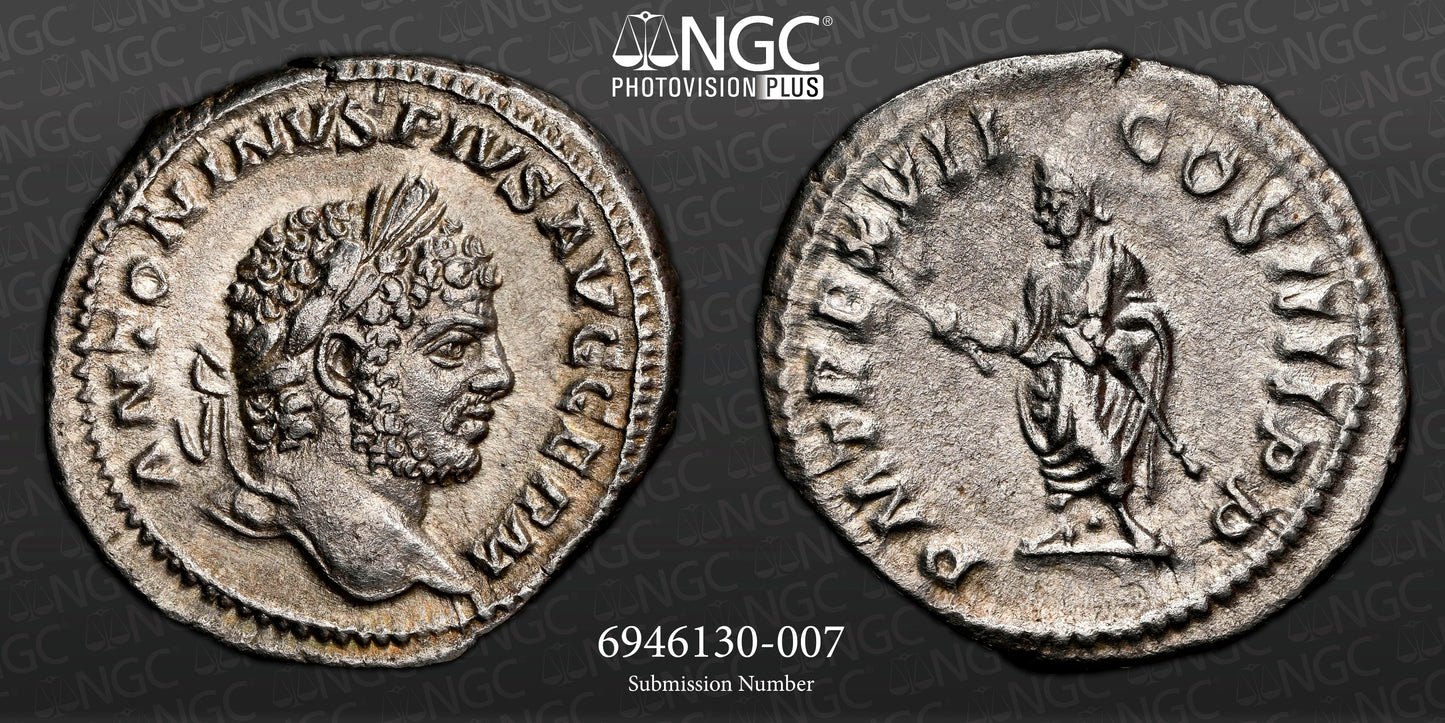 Roman Empire - Caracalla - Silver Denarius - NGC Ch XF - RIC:246