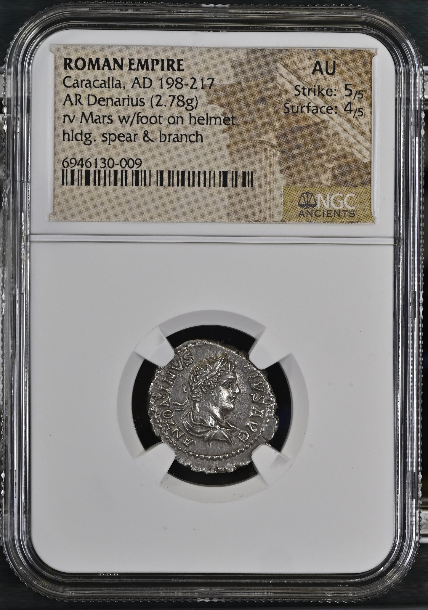 Roman Empire - Caracalla - Silver Denarius - NGC AU - RIC:80b