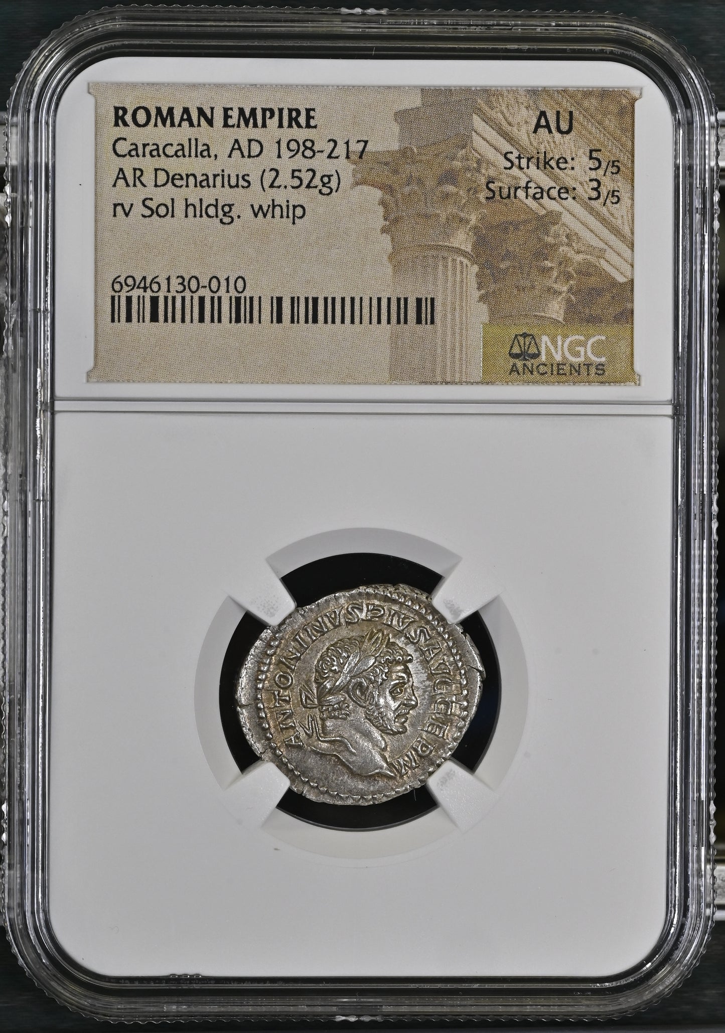 Roman Empire - Caracalla - Silver Denarius - NGC AU - RIC:293d