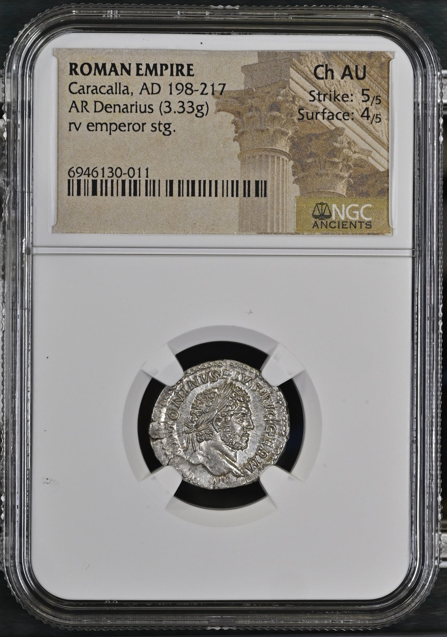 Roman Empire - Caracalla - Silver Denarius - NGC Ch AU - RIC:246